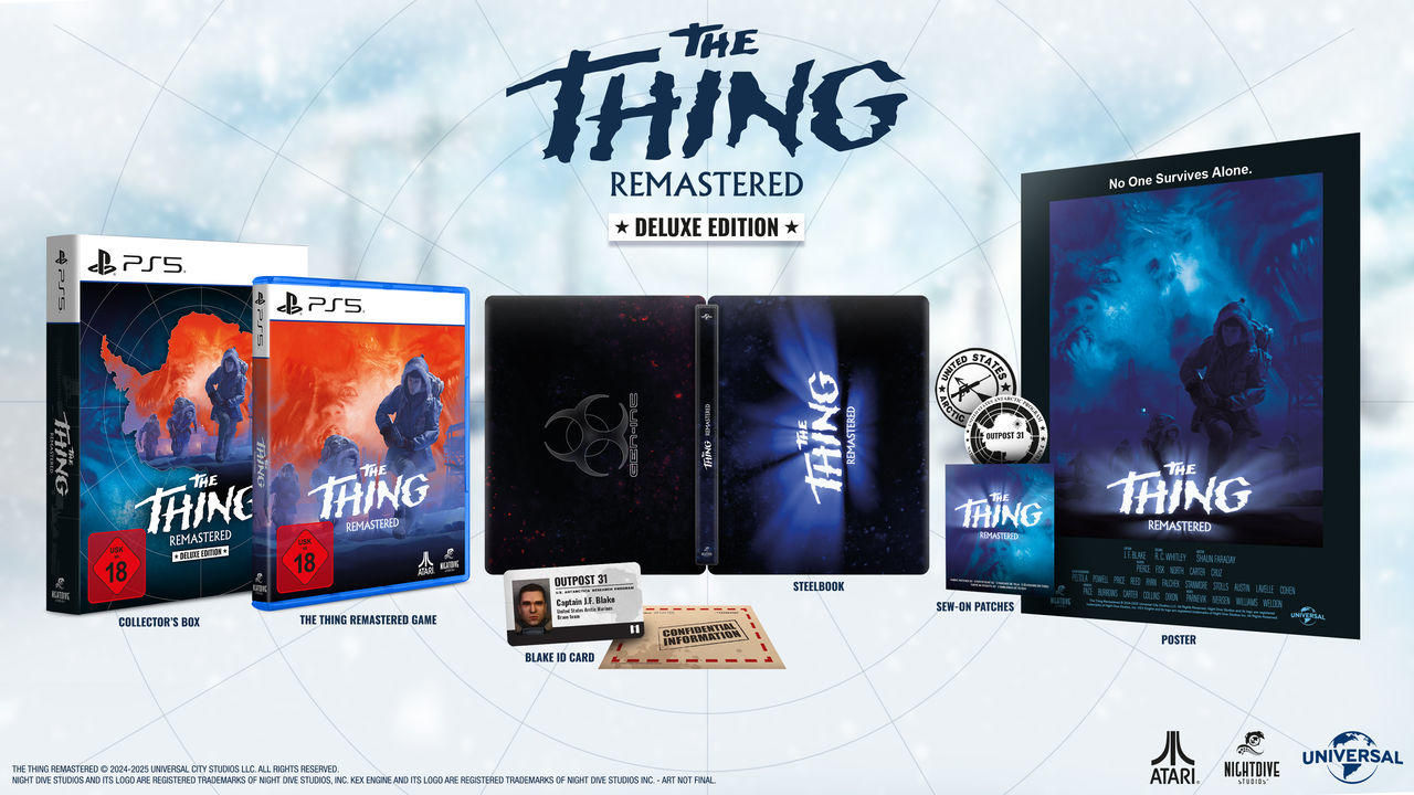 Das "The Thing Remastered" Deluxe Edition PS5-Bundle mit Sammlerbox, Spiel, Steelbook und Postern.
