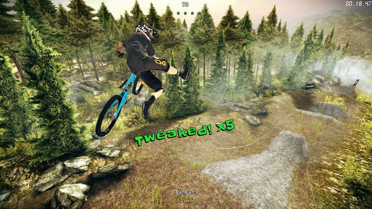 Mountainbiker springt in der Luft, umgeben von Wald und felsigem Gelände.