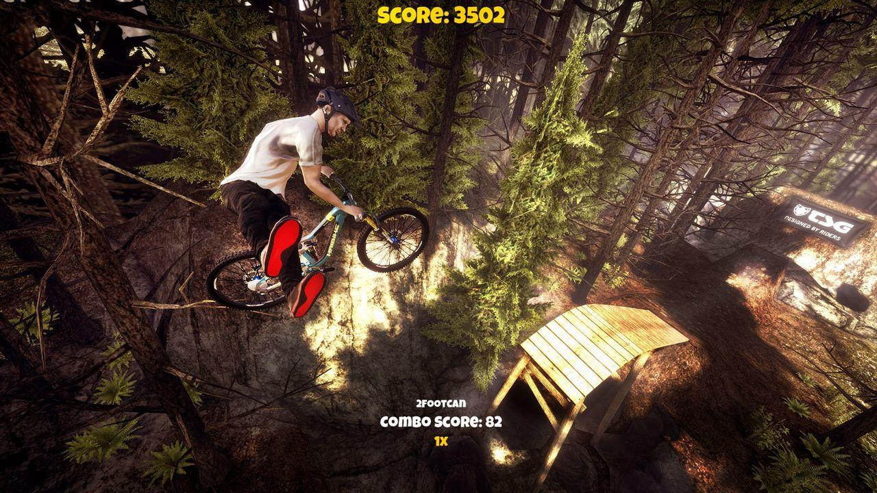 Ein Mountainbiker fährt einen Waldweg hinunter mit vielen Bäumen und Lichtern.