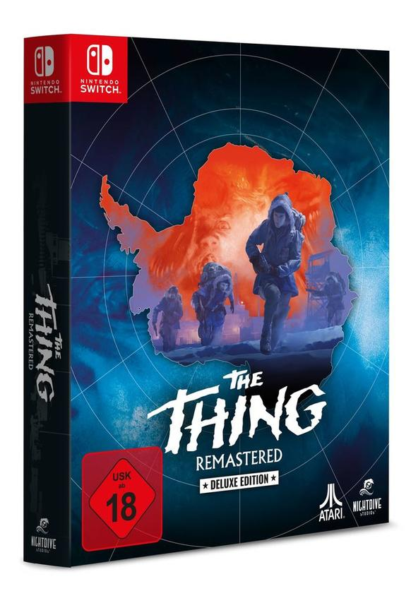 Nintendo Switch Spiel "The Thing Remastered Deluxe Edition" mit Antarktis-Karte und Figuren.