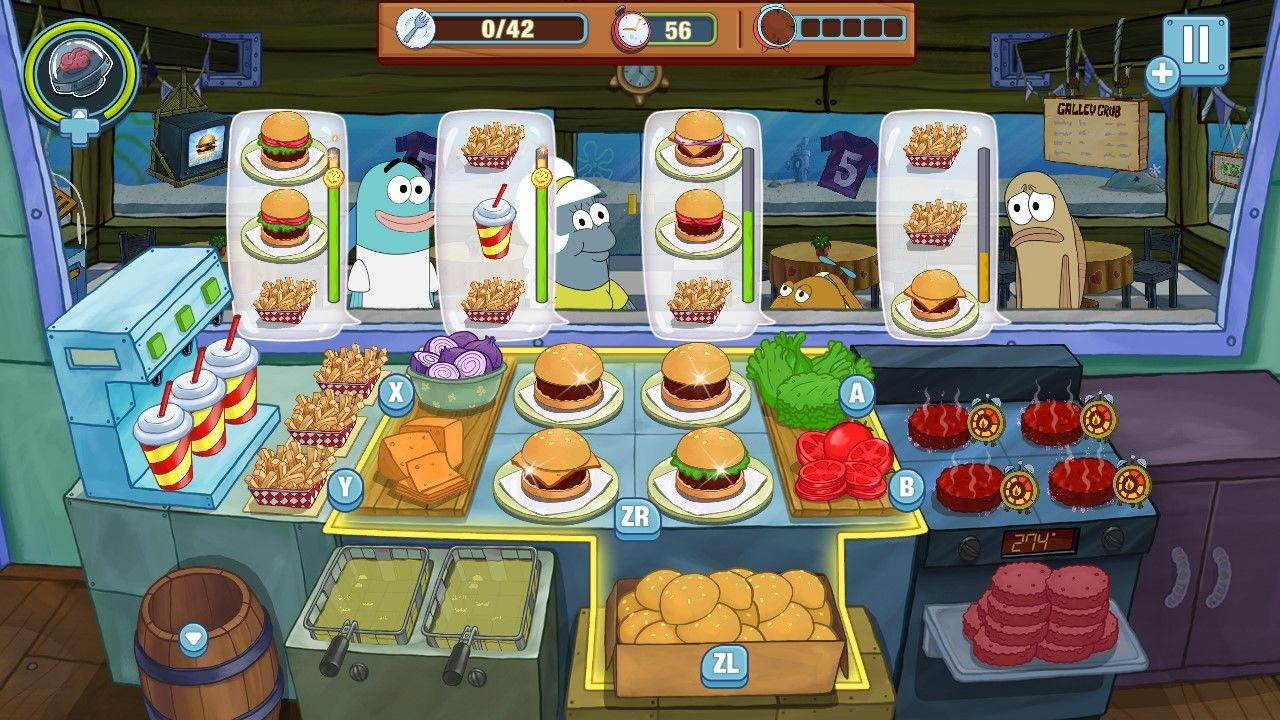 Spongebob-Spiel mit Burgern, Pommes und Charakteren in einer Küche.