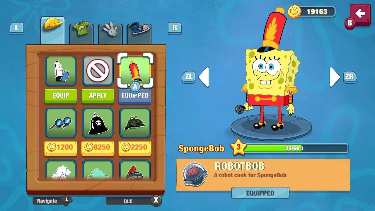 Spongebob im Marschmusik-Outfit mit Hut und Mikrofon, Menü mit Gegenständen.