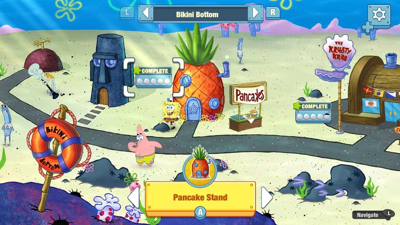 SpongeBob-Charaktere in Bikini Bottom, mit Spongebobs Haus, Krusty Krab und Pfannkuchenstand.