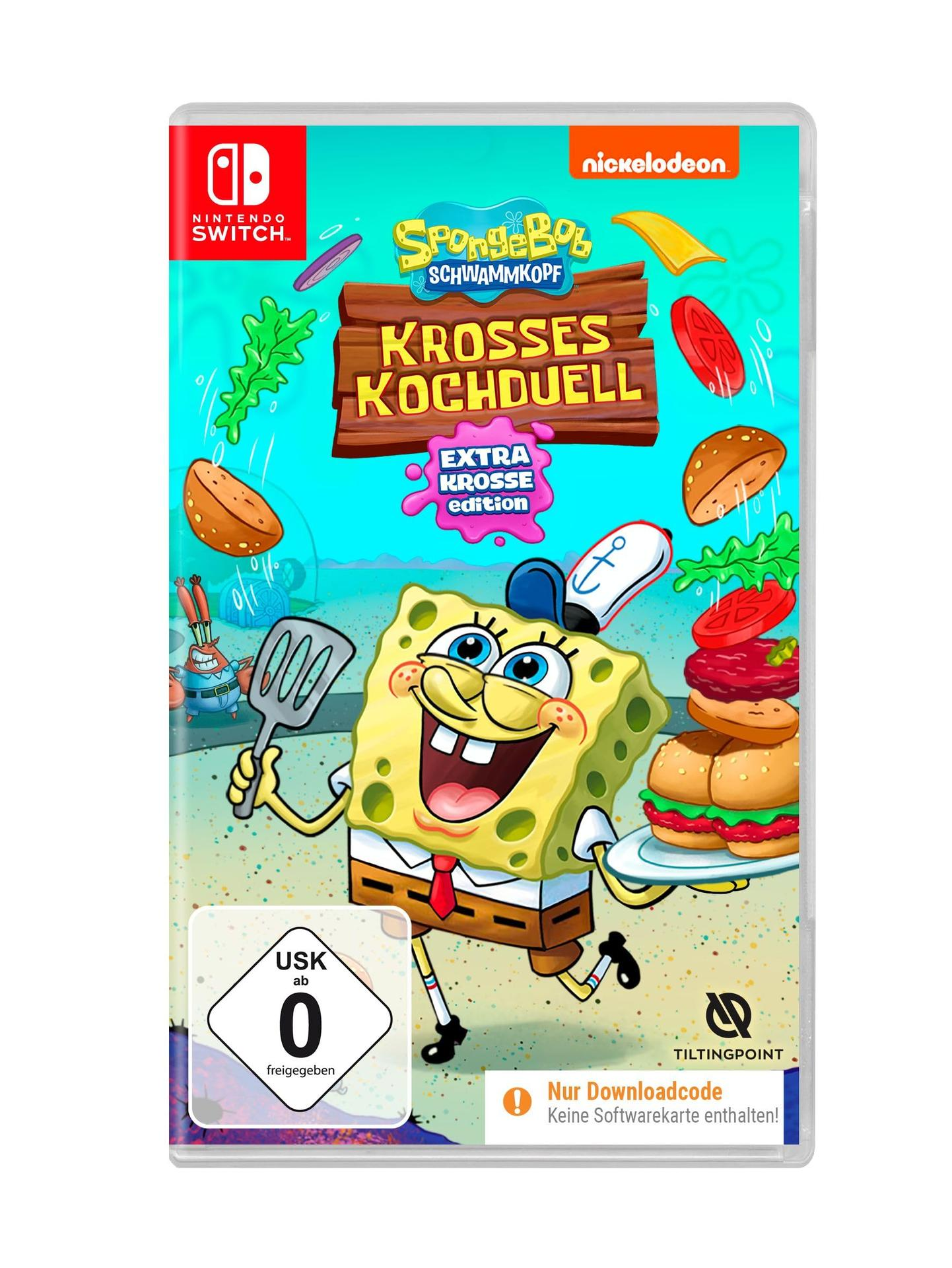 Spongebob spielt Koch mit Burgerzutaten, Nintendo Switch-Spielcover.