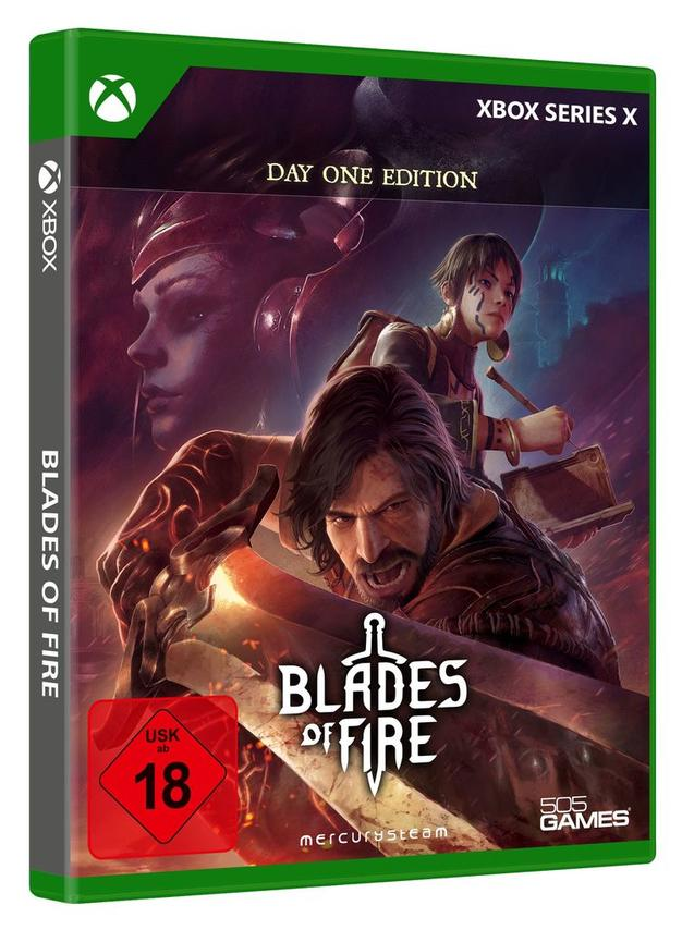Xbox Spiel "Blades of Fire" Cover mit zwei Kriegern vor feurigem Hintergrund.