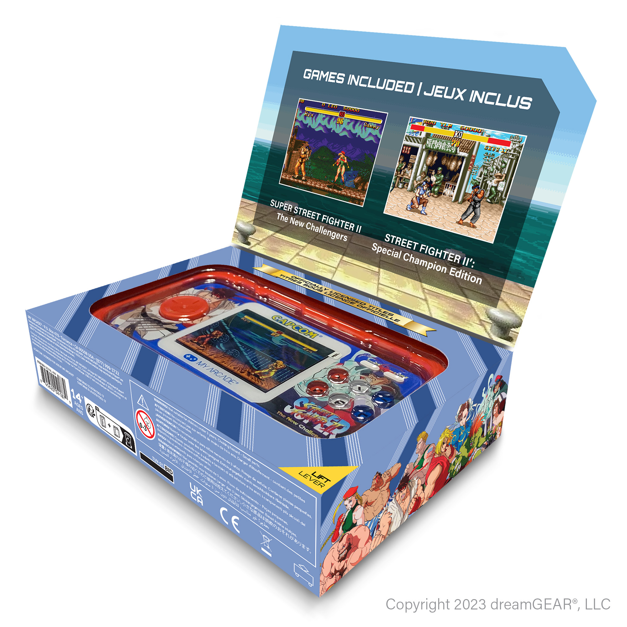 Street Fighter karakterleri ve oyun ekran görüntüleri içeren bir atari oyunu kutusu.
