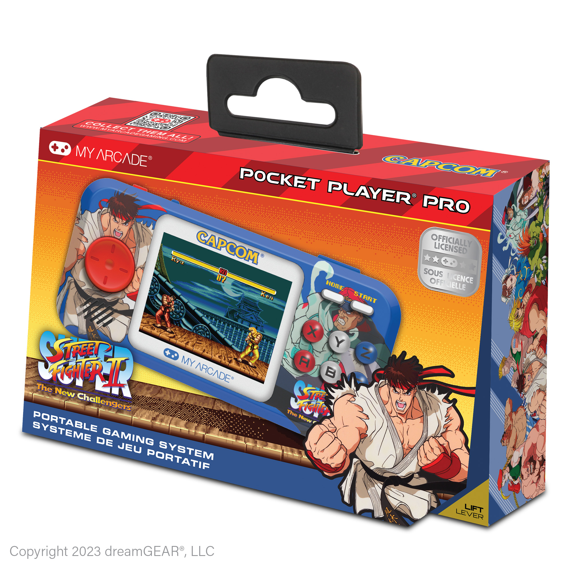 Ryu ve Ken'in yer aldığı Street Fighter II el oyun konsolu kutusu.