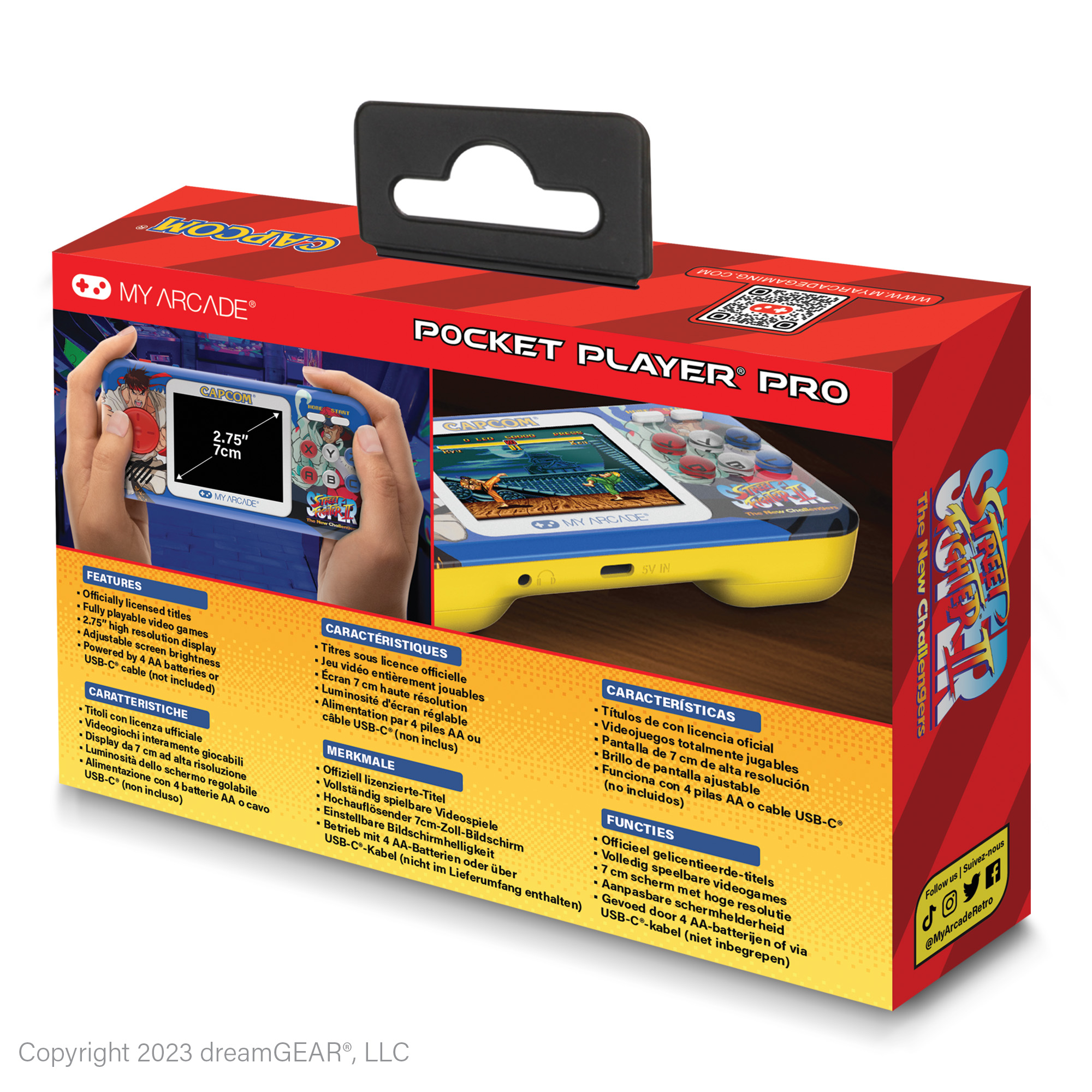My Arcade Pocket Player Pro, Capcom oyunlu, 2,75 inç ekranlı ve sarı tutamaklıdır.