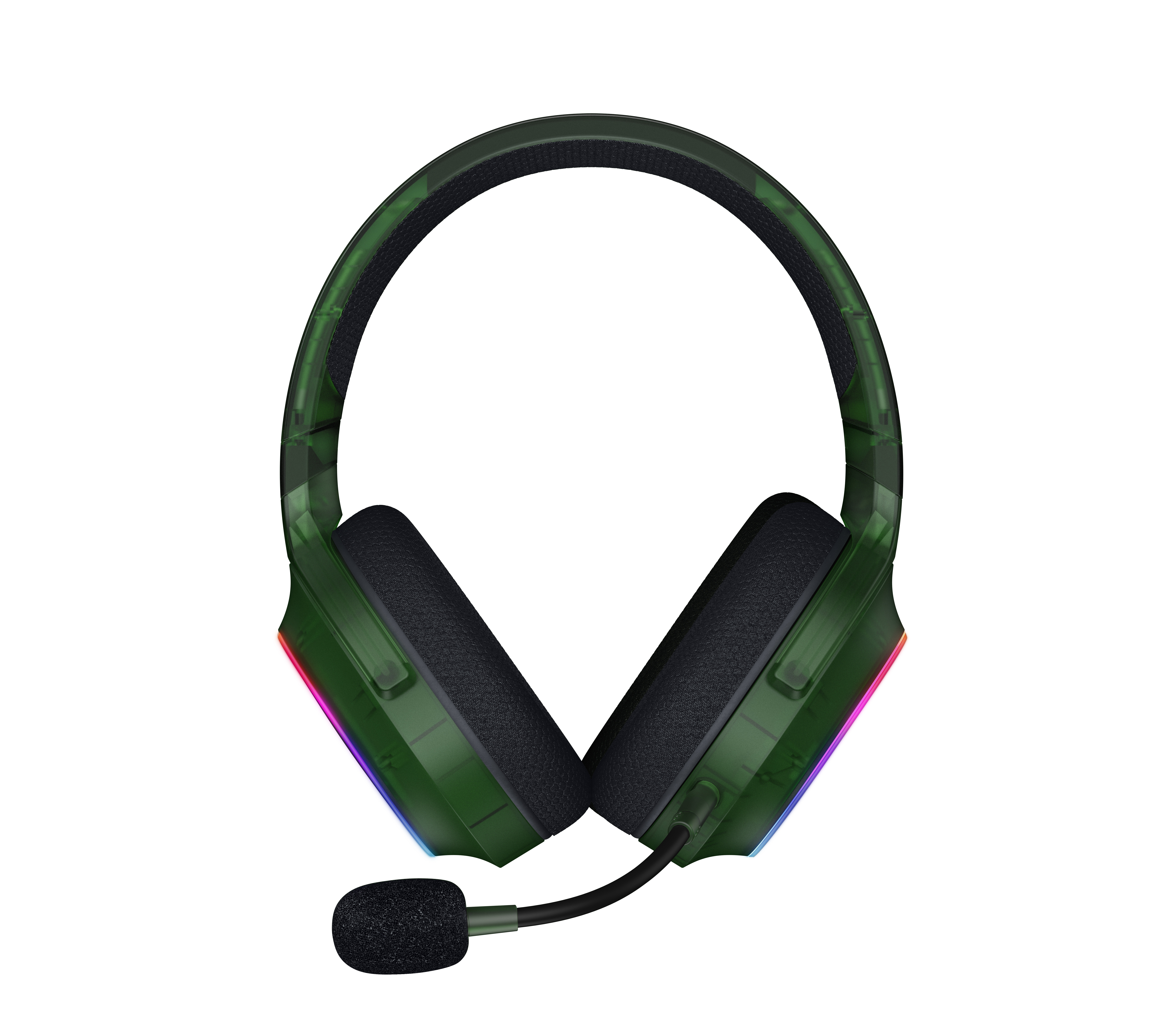 Mikrofonlu ve RGB aydınlatmalı yeşil oyuncu kulaklığı.