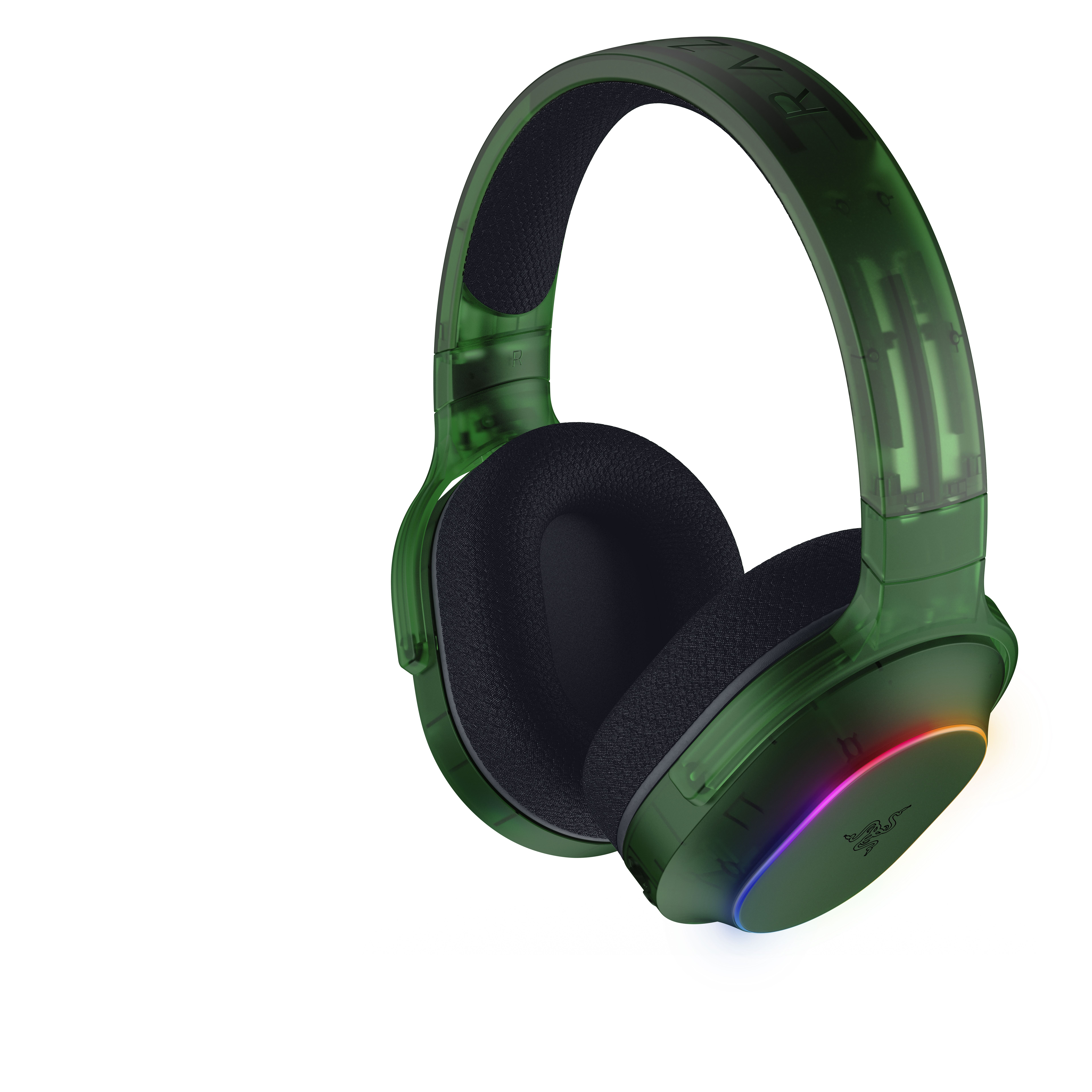 Sağ kulaklıkta RGB aydınştırmalı yeşil, yarı saydam kulaklık.
