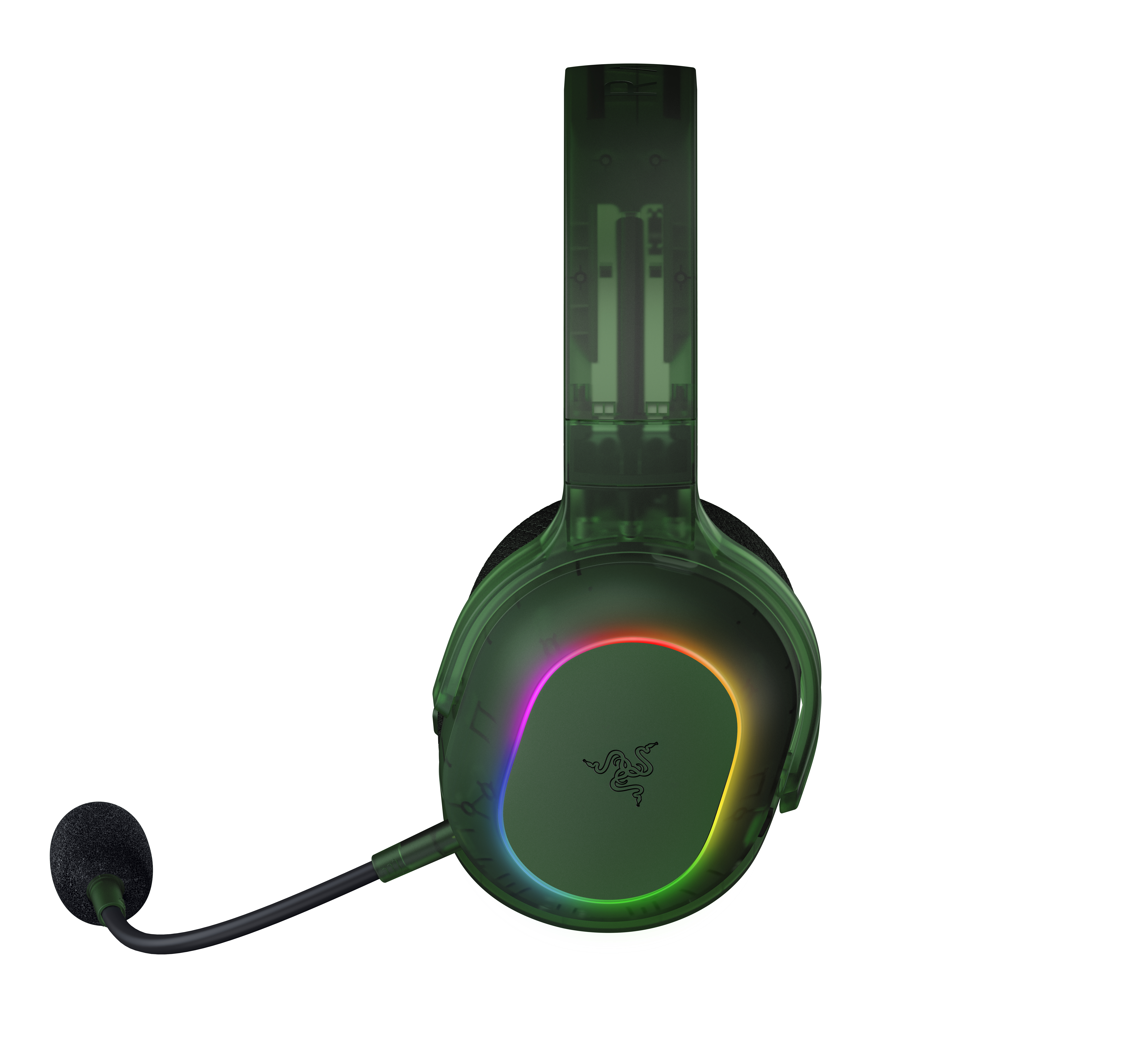 Mikrofonlu ve RGB aydınlatmalı yeşil yarı saydam kulaklık.