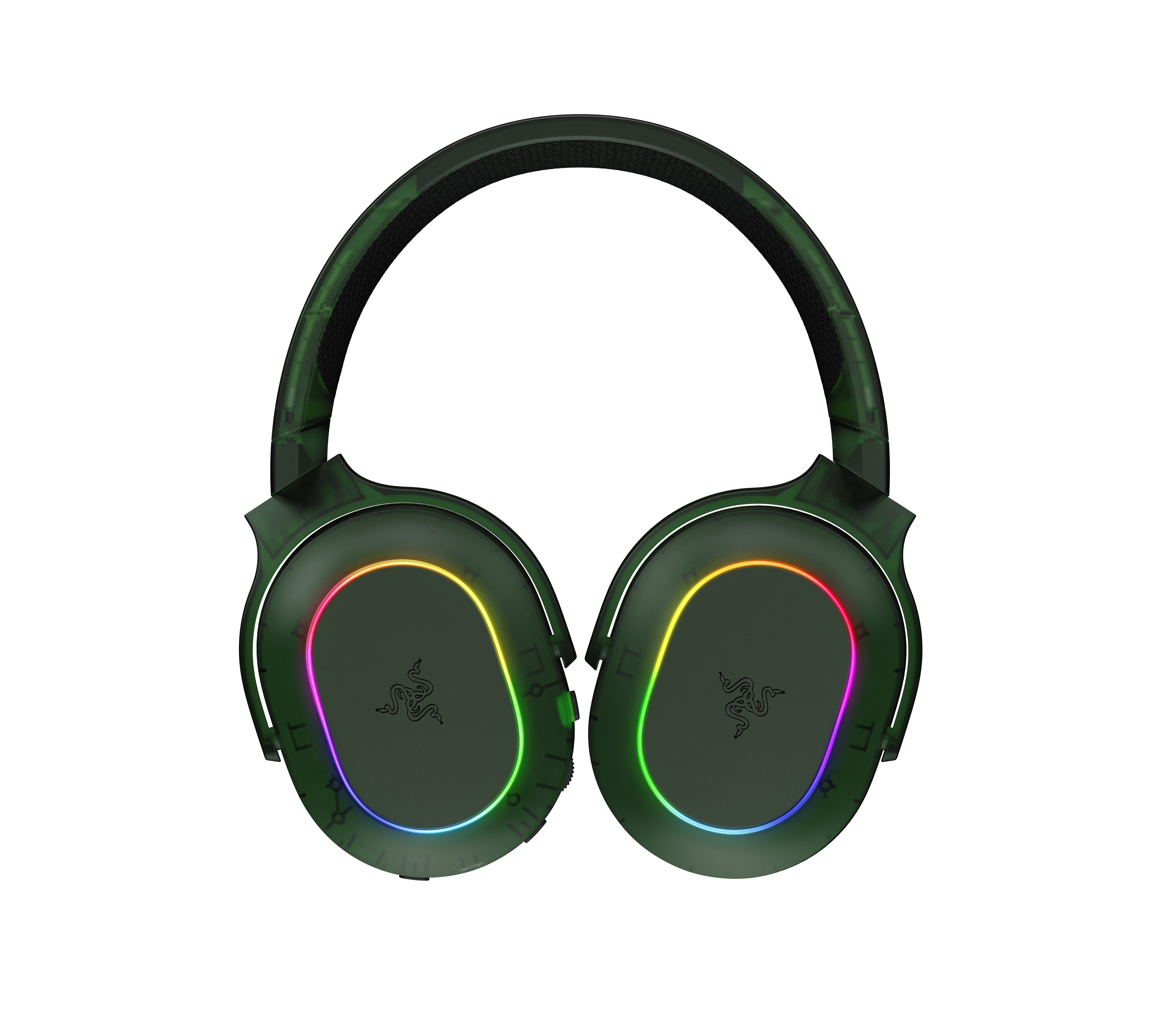 RGB aydınlatmalı ve Razer logolu koyu yeşil kulaklık.