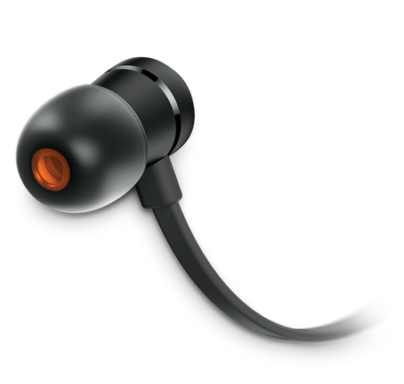 Czarne słuchawki douszne z pomarańczowymi akcentami i czarnym przewodem.