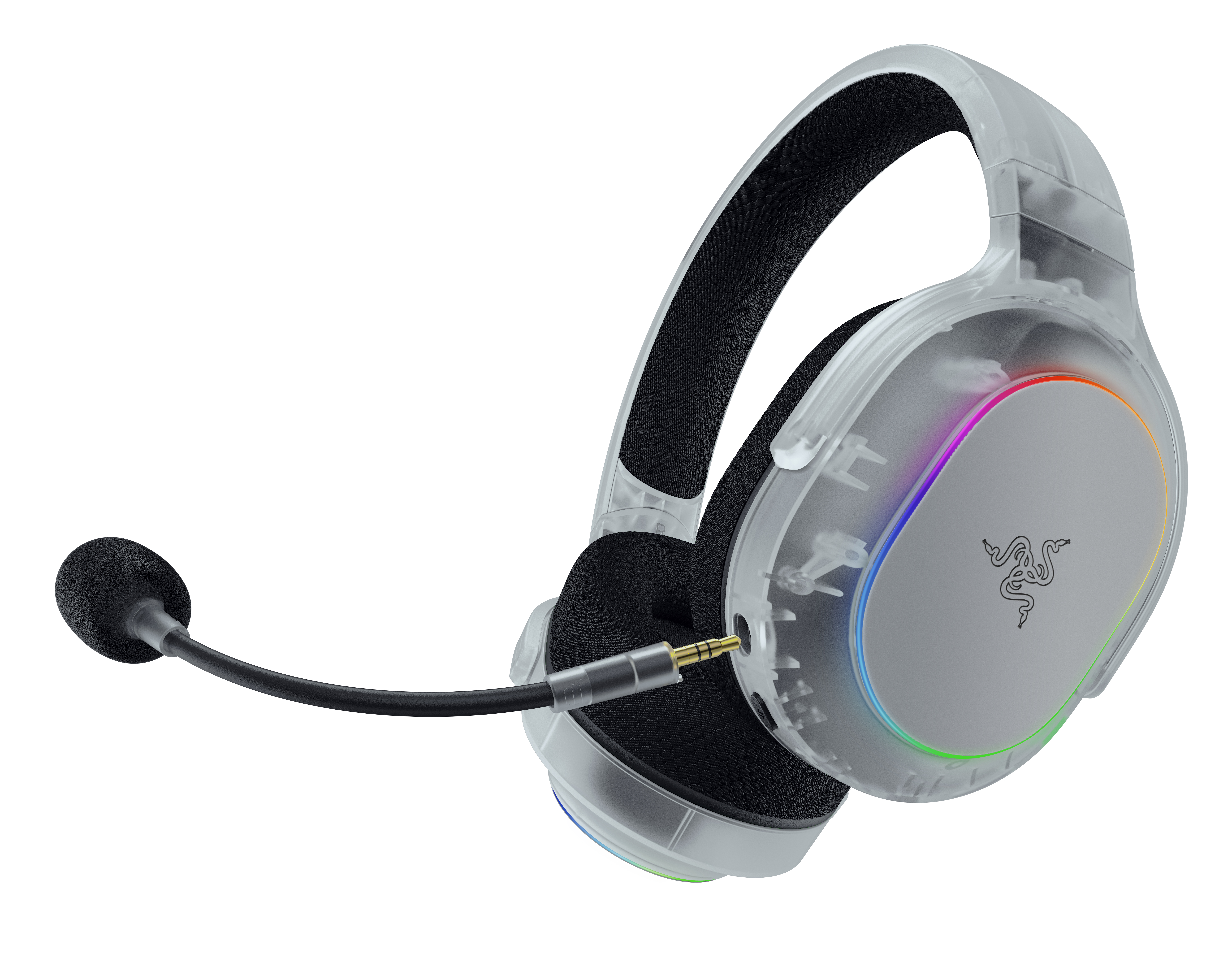 Mikrofonlu şeffaf kulaklık, Razer logosu ve RGB aydınlatmalı.