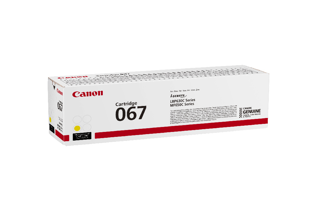 Sarı noktalar ve metin içeren Canon 067 toner kartuşu ambalajı.