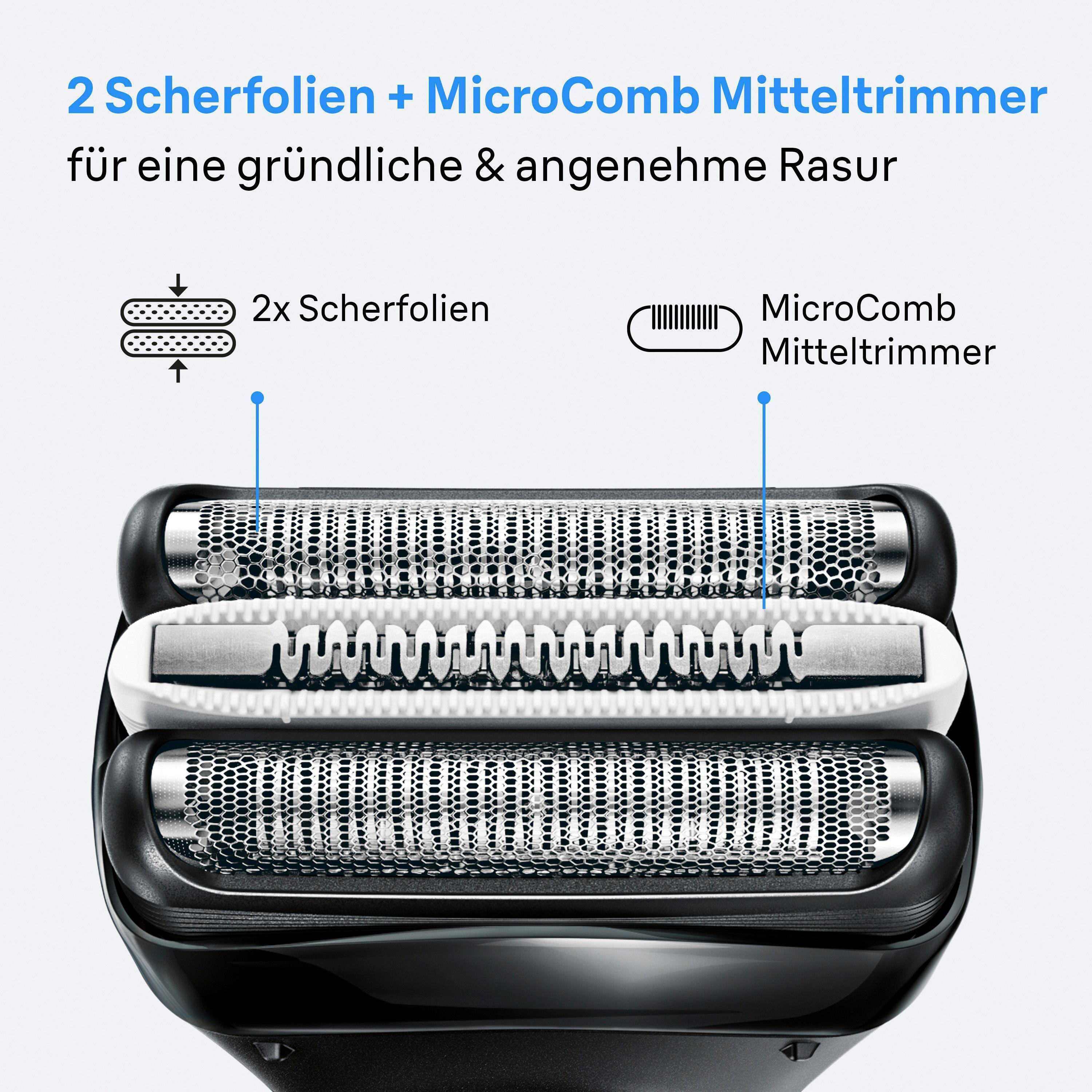 Detailansicht eines Rasierapparats mit zwei Scherfolien und Mitteltrimmer.