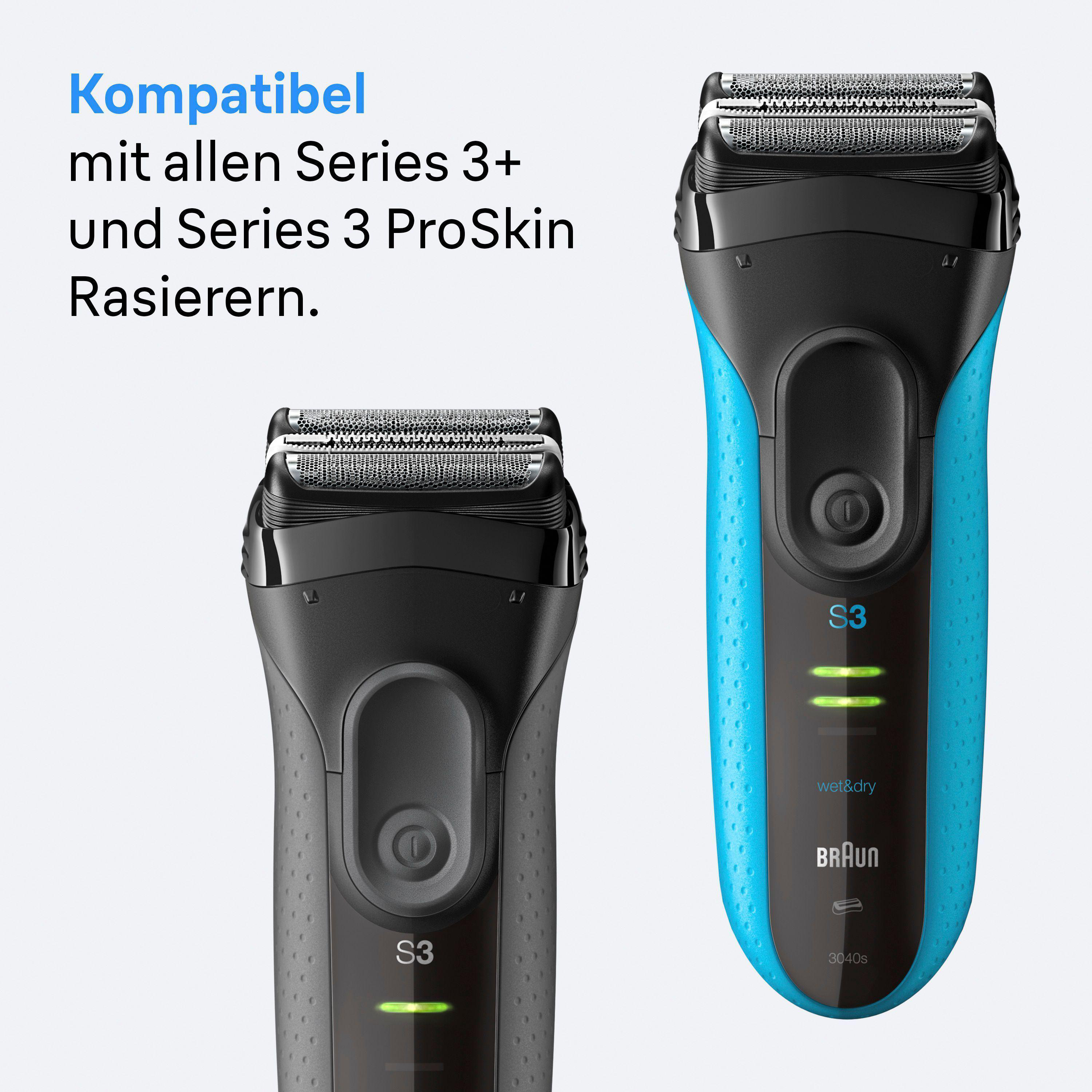 Zwei Braun Rasierer: ein schwarzer und ein blauer mit "S3" und "wet&dry".