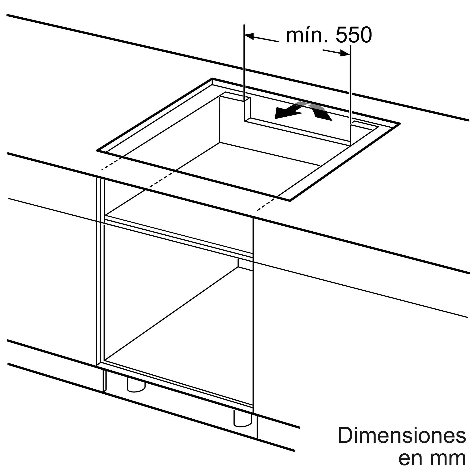 Dibujo de instalación de una placa de cocina con distancia mínima de 550 mm.