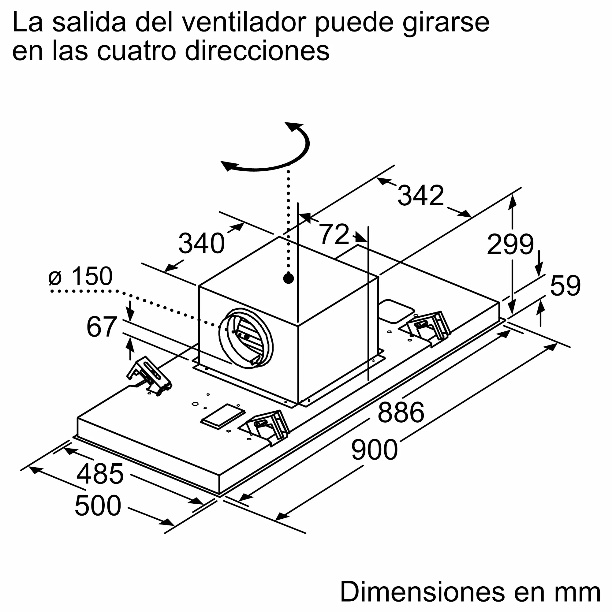Dibujo técnico de una salida de ventilador con dimensiones en mm.