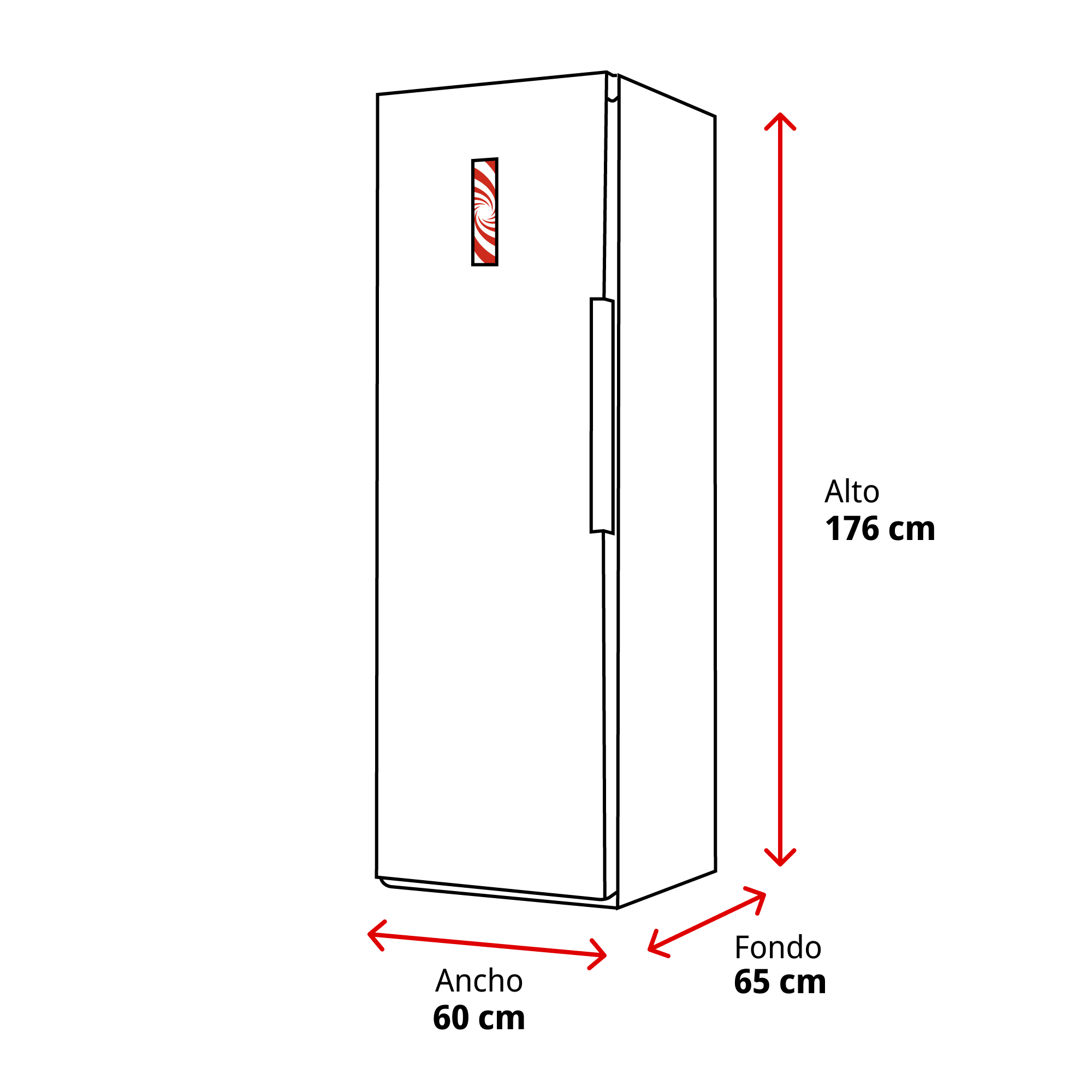 Un refrigerador con dimensiones Alto 176 cm, Ancho 60 cm.