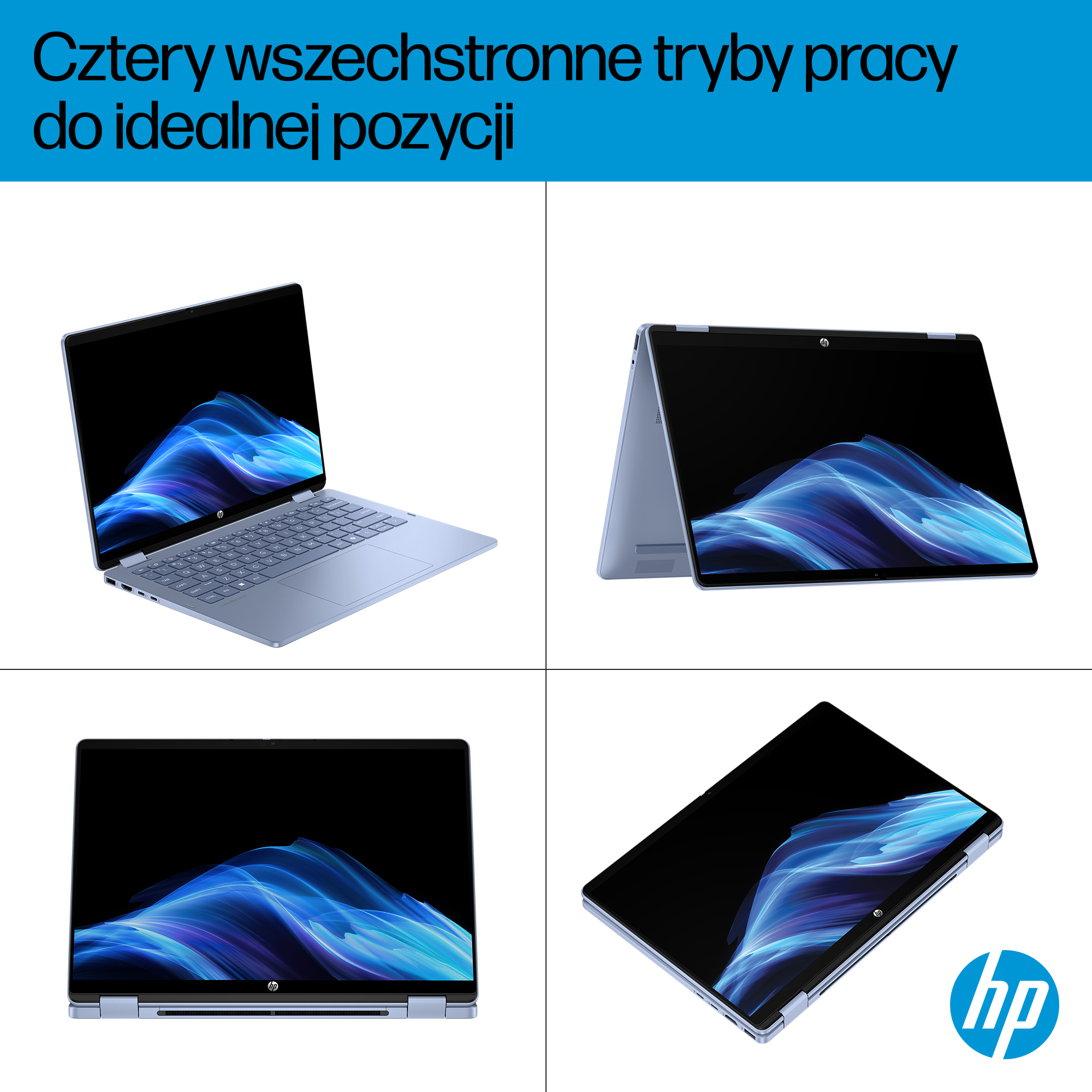 Cztery widoki niebieskiego laptopa HP z abstrakcyjnym niebieskim tłem fal.