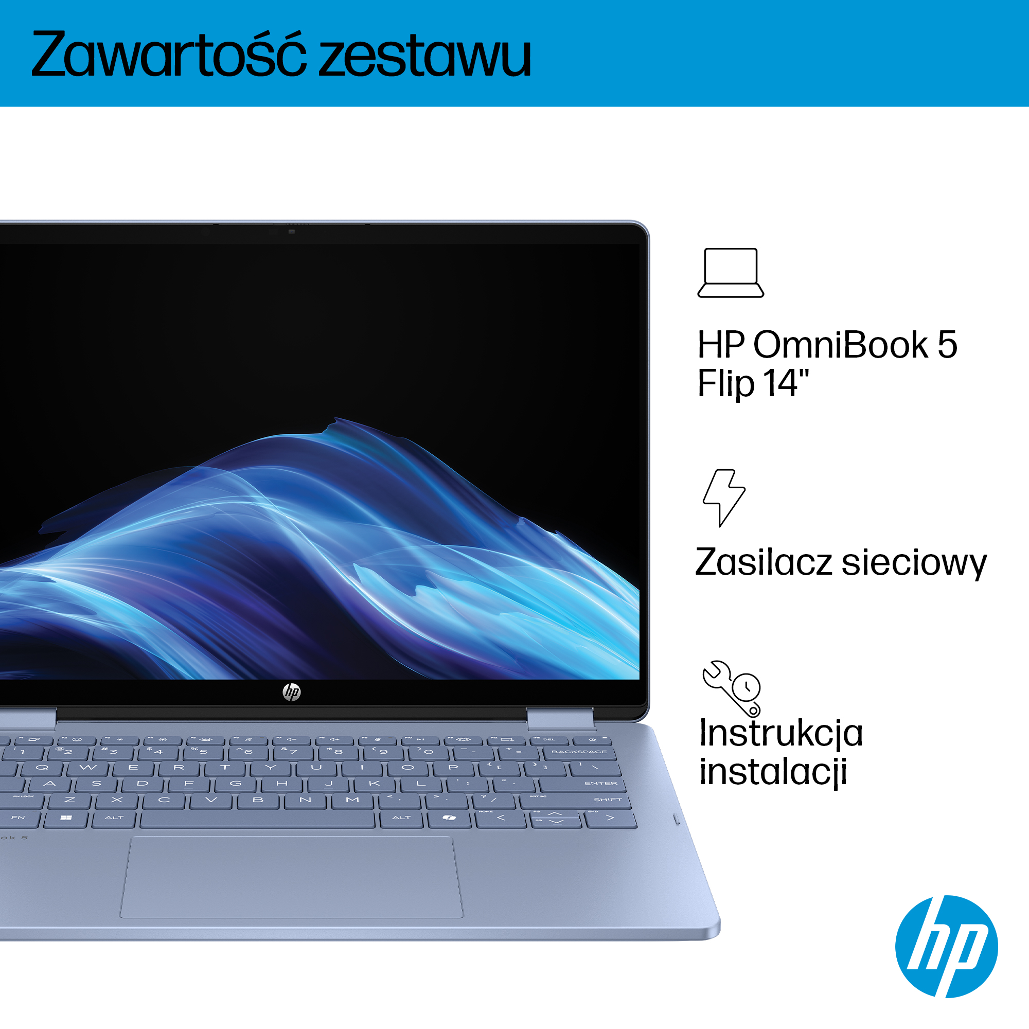 Jasnoniebieski laptop HP OmniBook 5 Flip 14" z niebieską falistą tapetą na ekranie.
