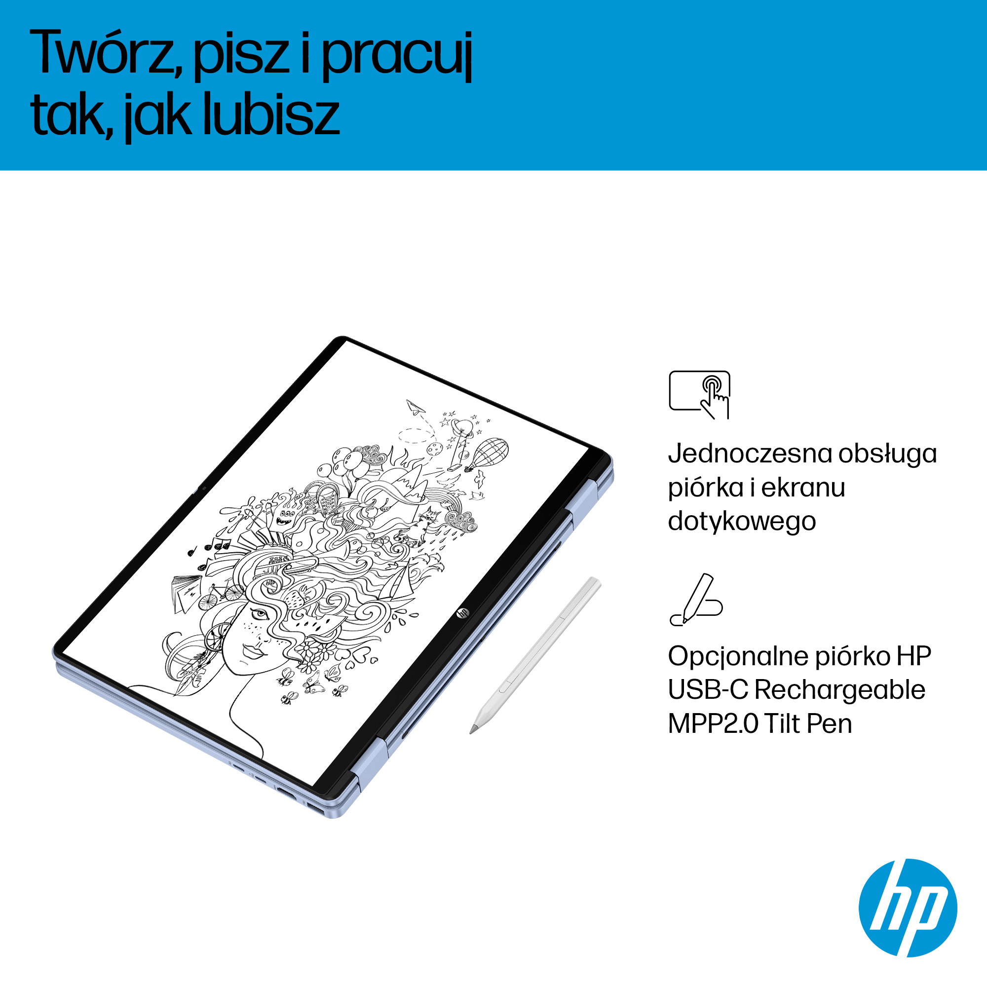 Laptop z obsługą pióra i ekranu dotykowego.