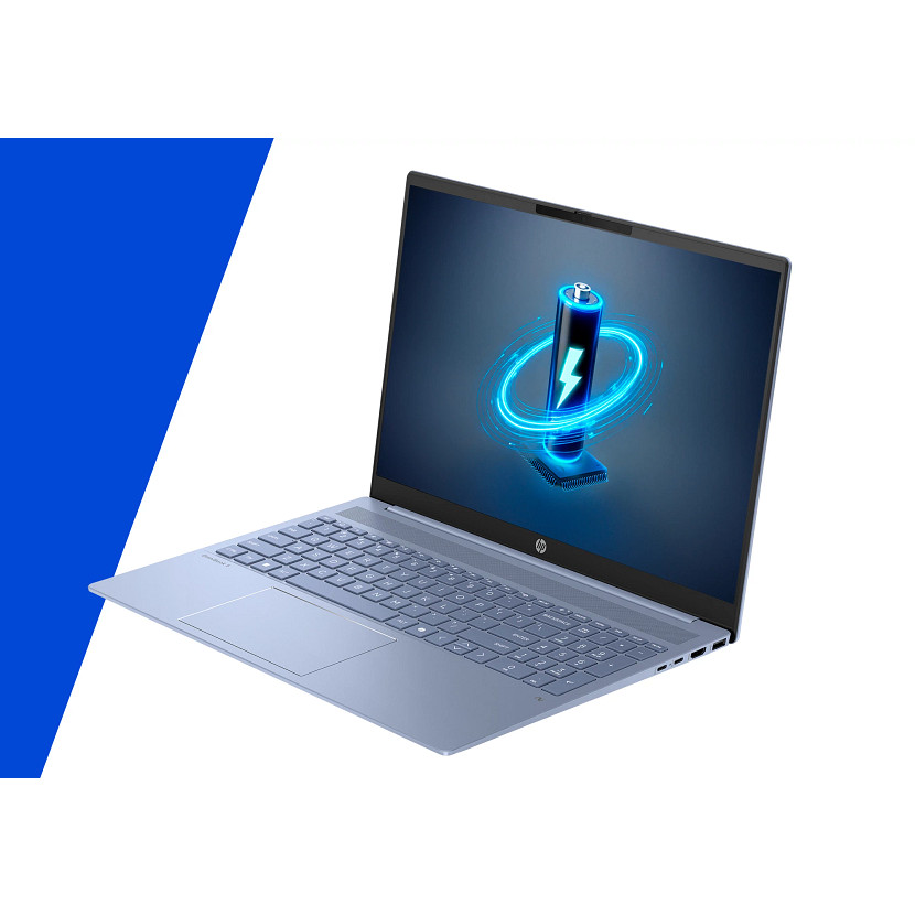 Jasnoniebieski laptop HP z ikoną baterii na ekranie.