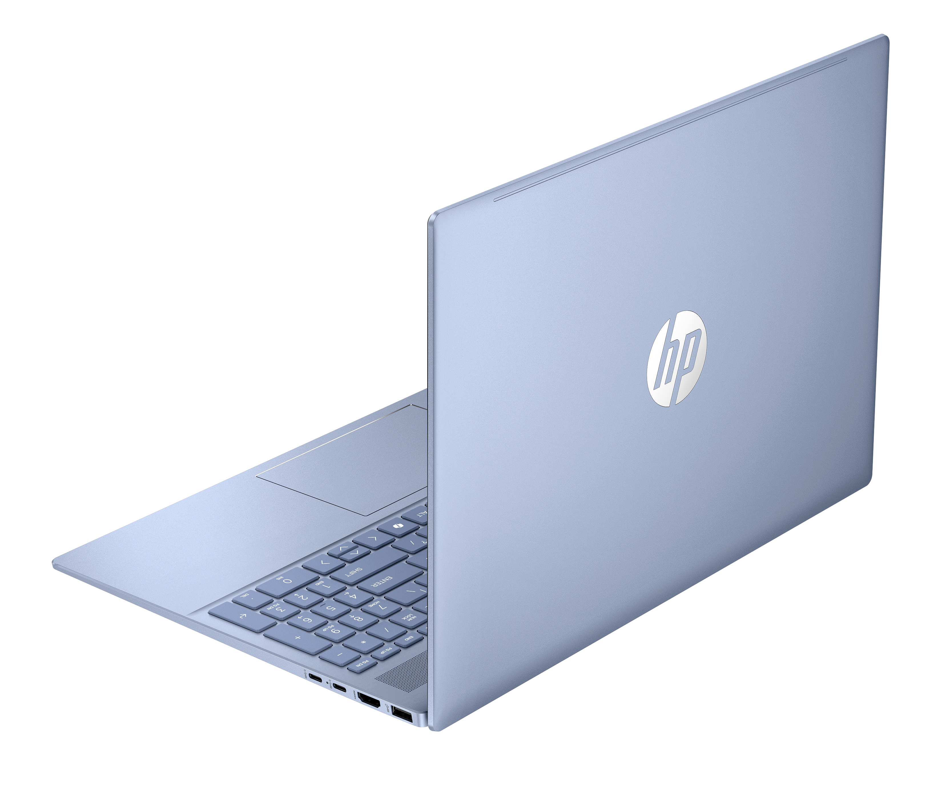 Jasnoniebieski laptop HP na czarnym tle.