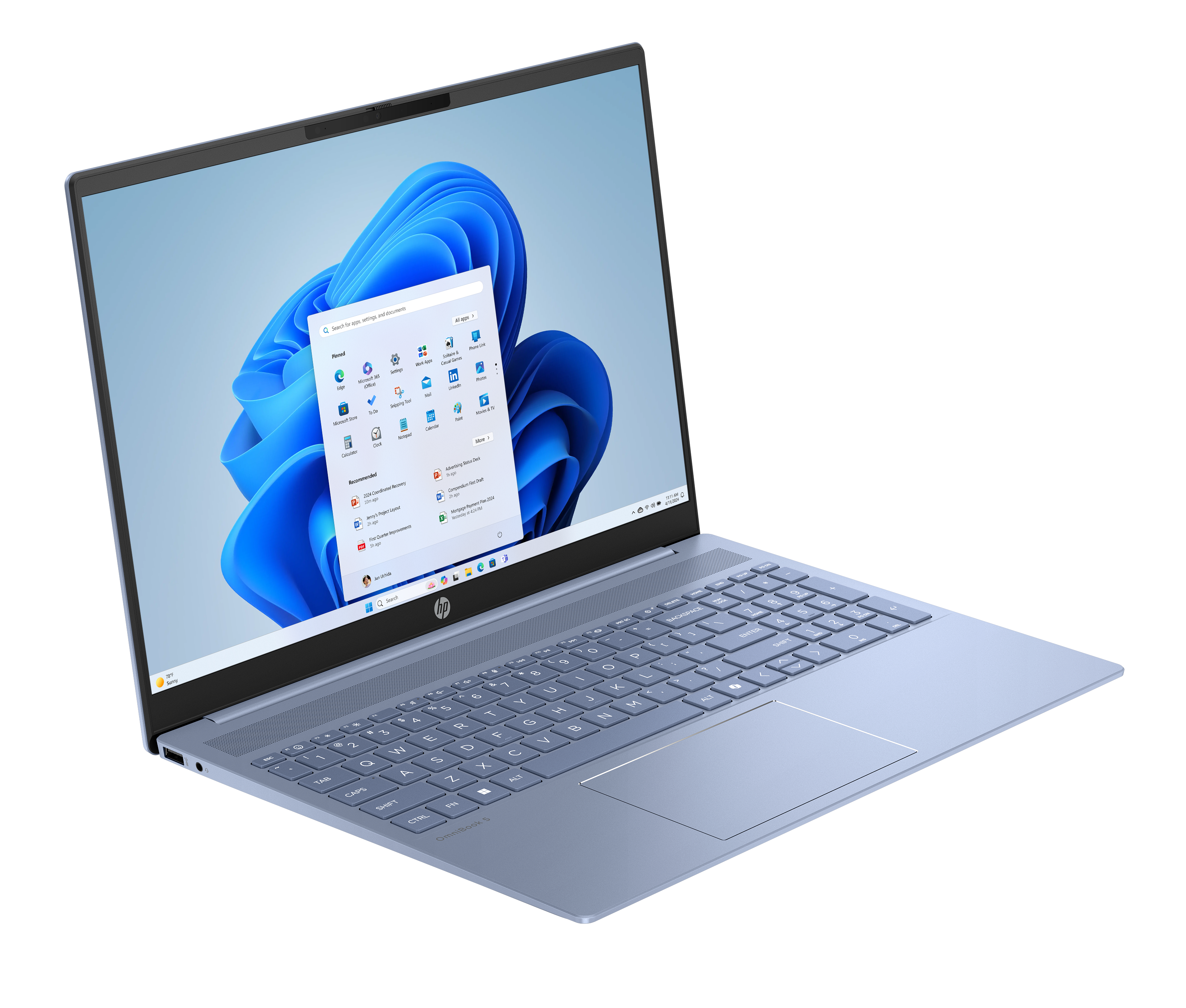 Niebieski laptop HP OmniBook 5 z włączonym ekranem wyświetlającym system Windows 11.