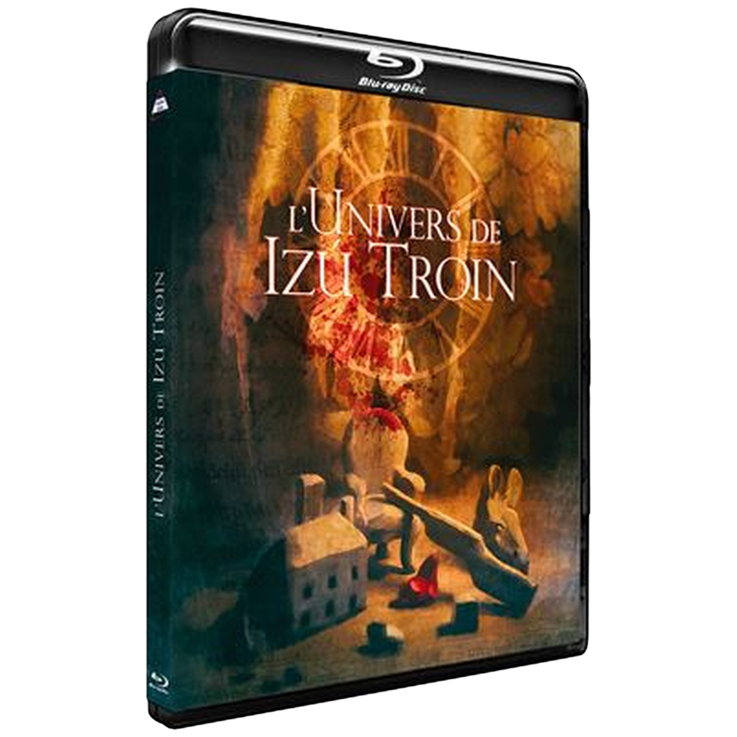 Blu-ray hoes met surrealistische kunst: "L'Univers de Izu Troin" boven een miniatuurlandschap.