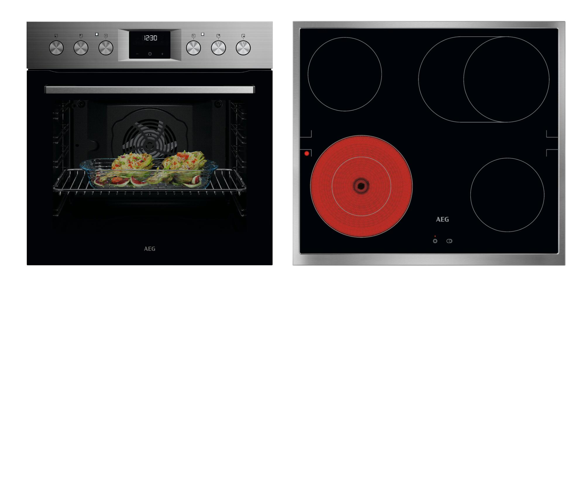 Ein AEG-Ofen mit zwei gefüllten Paprikaschoten und ein AEG-Cerankochfeld mit vier Kochzonen.