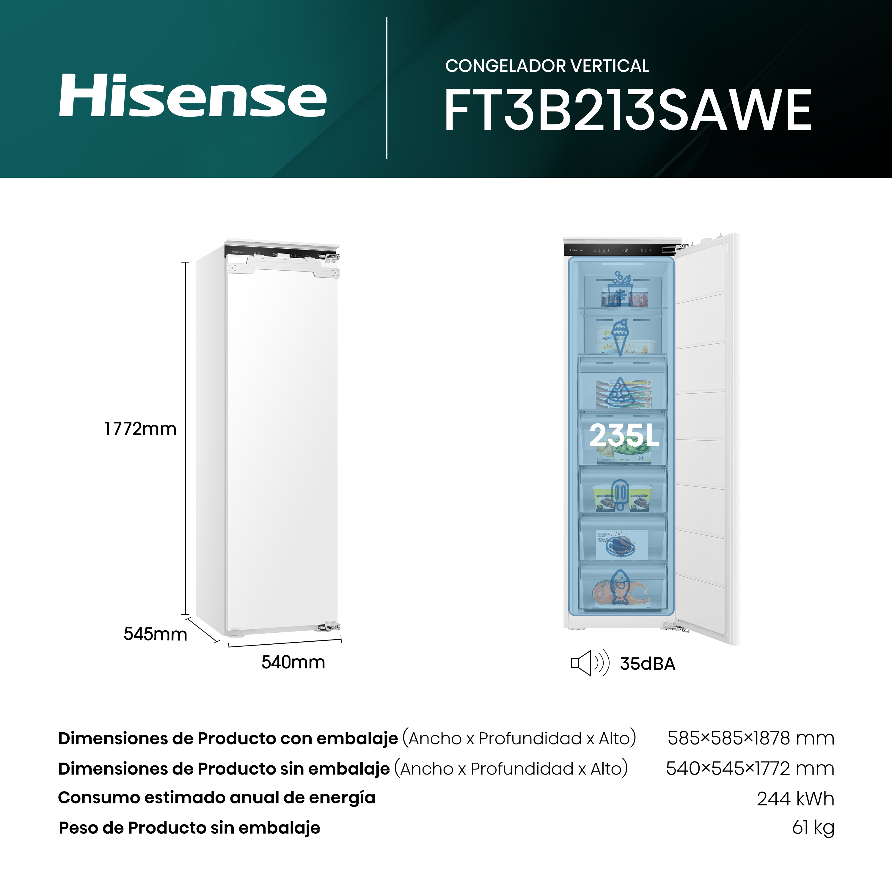 Congelador Hisense: dimensiones, capacidad 235L, ruido 35dBA, consumo.