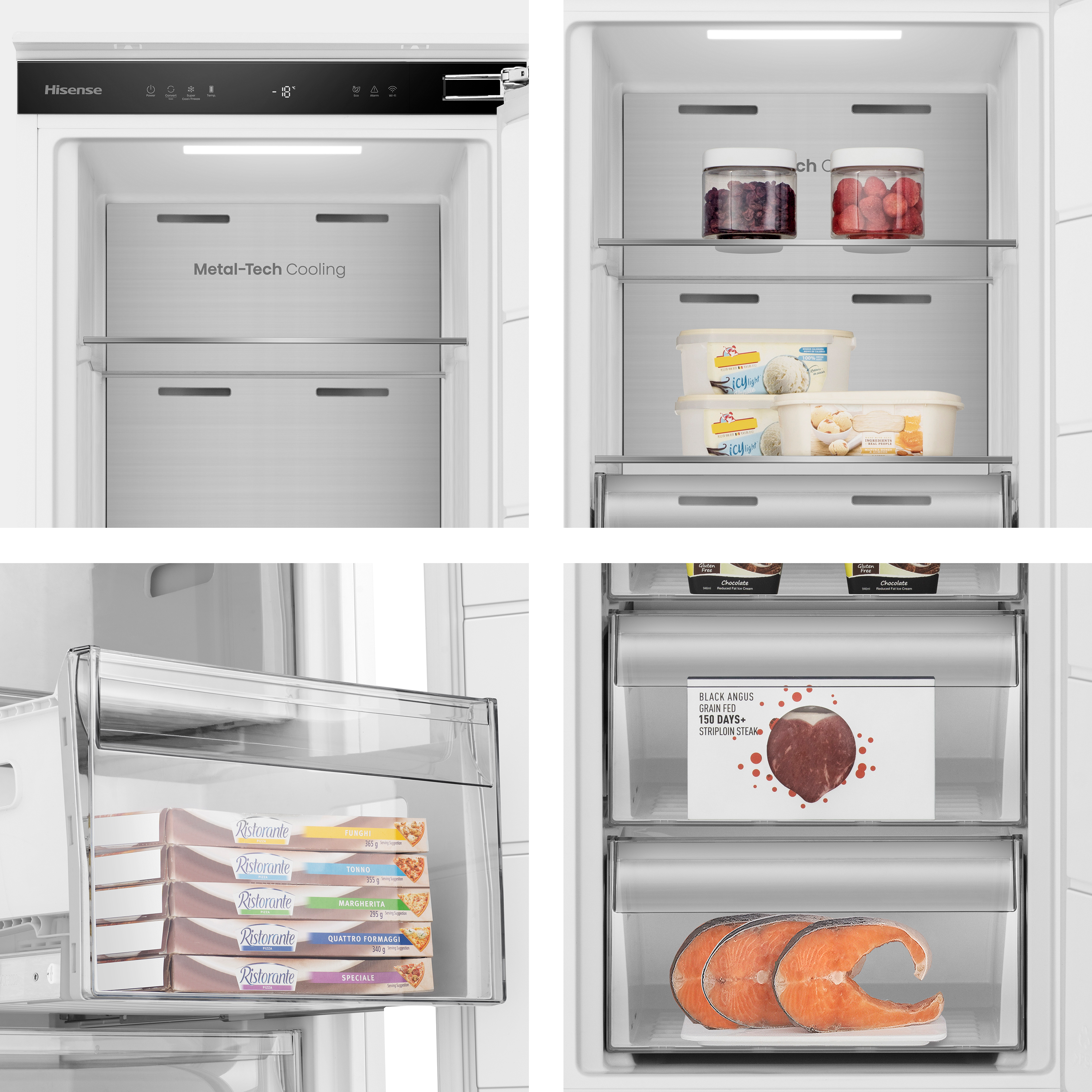El frigorífico muestra varios alimentos como pizzas, helados, carne y pescado.