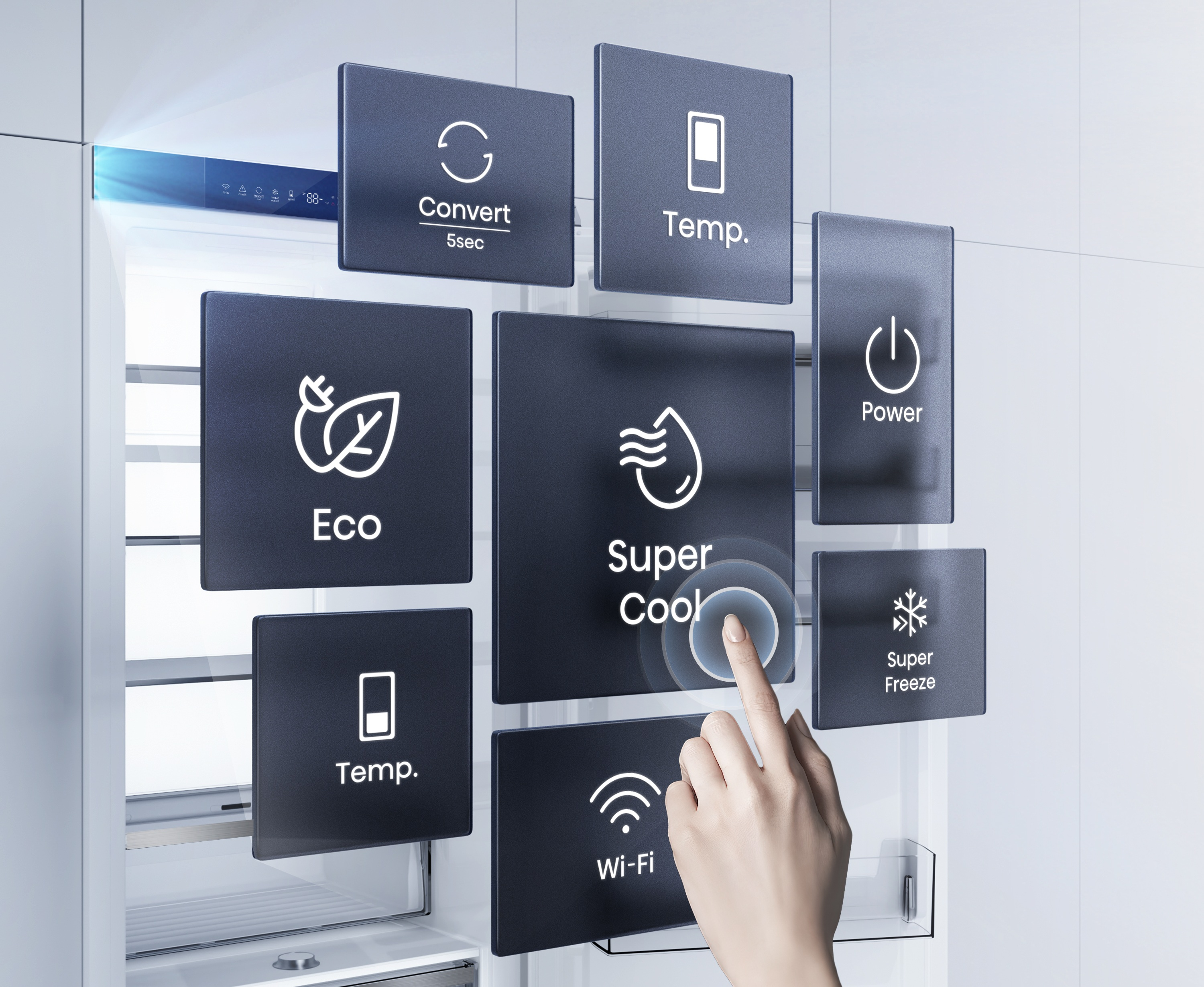 Un dedo presiona el botón Super Cool en la pantalla de un refrigerador moderno.