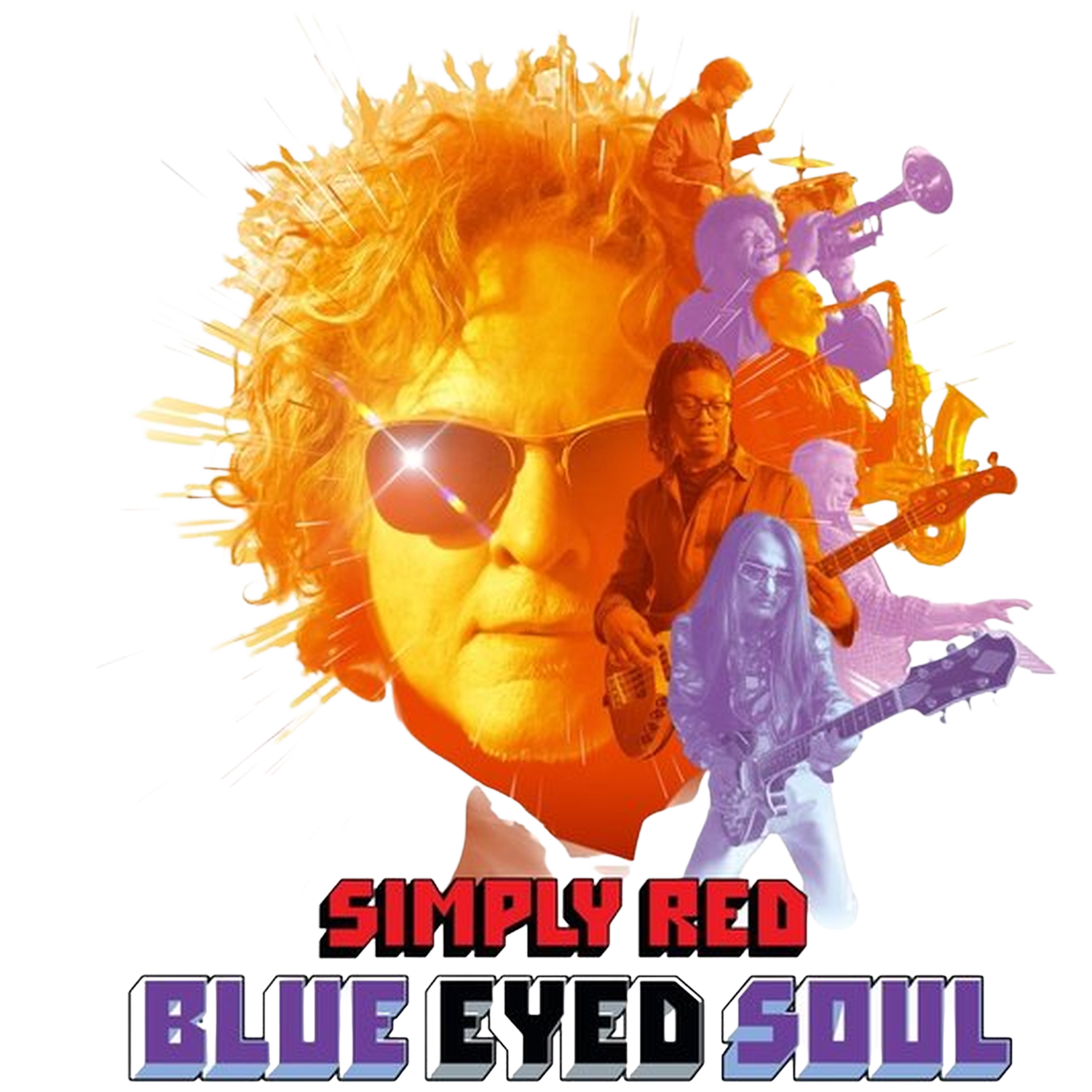 La pochette de l'album "Blue Eyed Soul" de Simply Red présente un homme avec des lunettes de soleil et des cheveux orange, avec des membres du groupe jouant d'instruments.