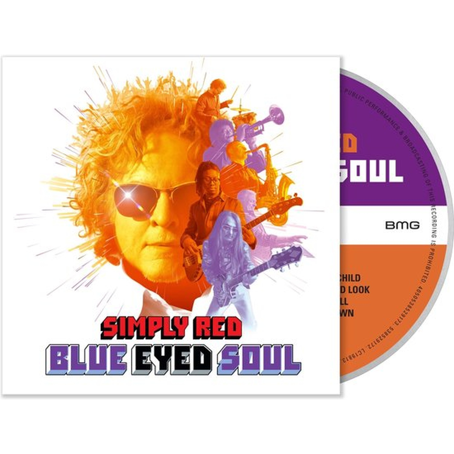 Couverture d'album avec Simply Red et des membres du groupe, à côté d'un CD.