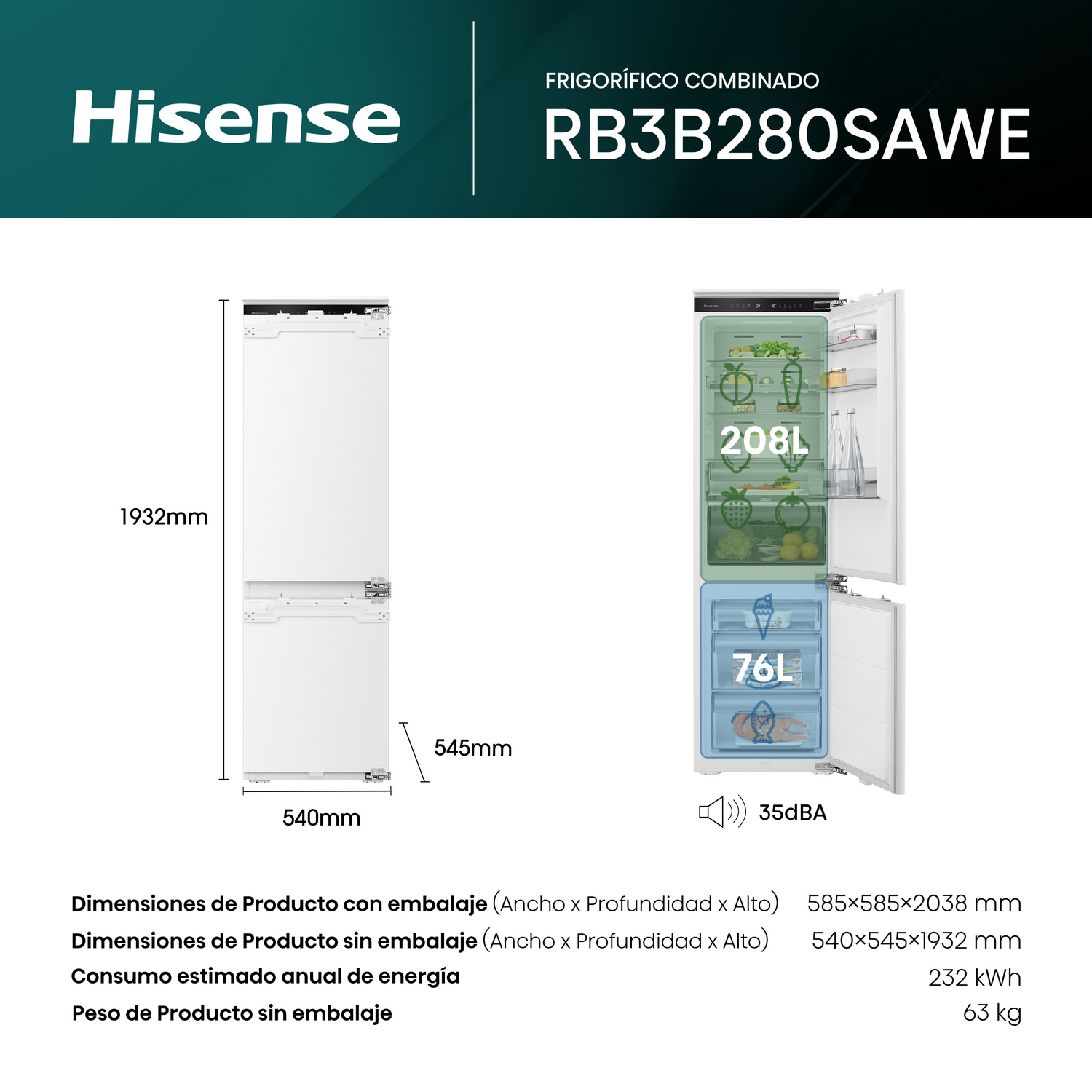Frigorífico Hisense RB3B280SAWE, 1932mm alto, 540mm ancho, 545mm profundo.