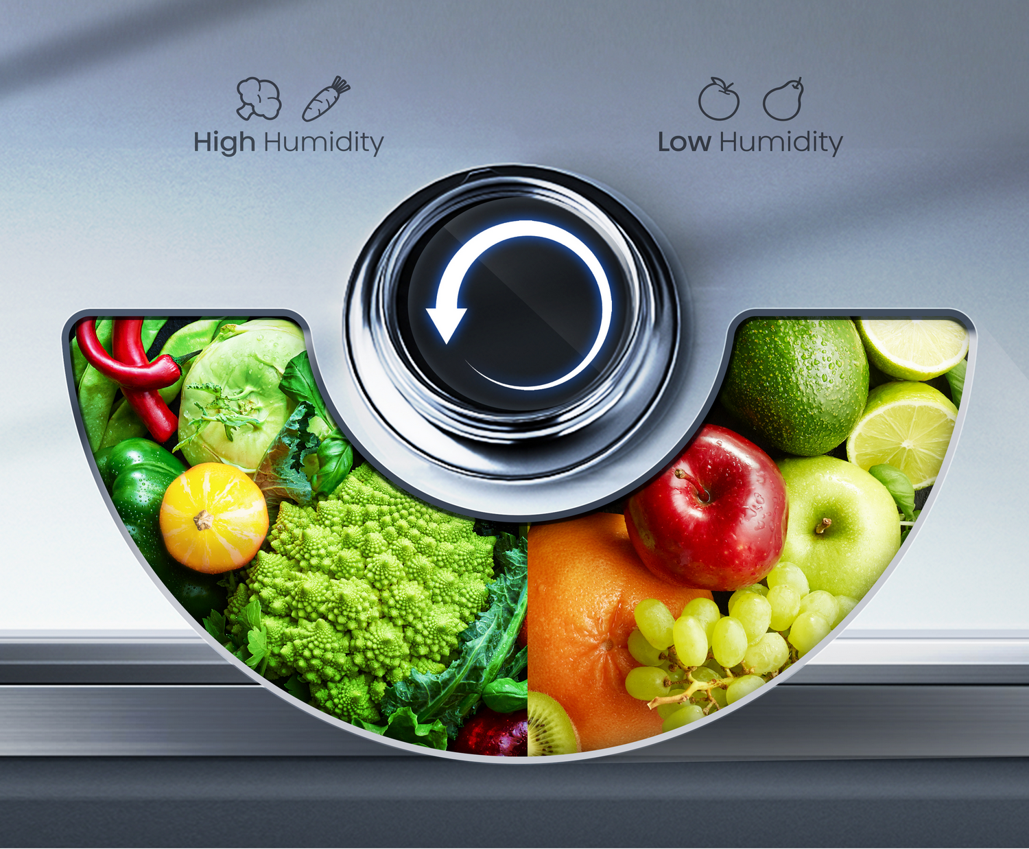 Verduras y frutas divididas en zonas de alta y baja humedad con dial de control.