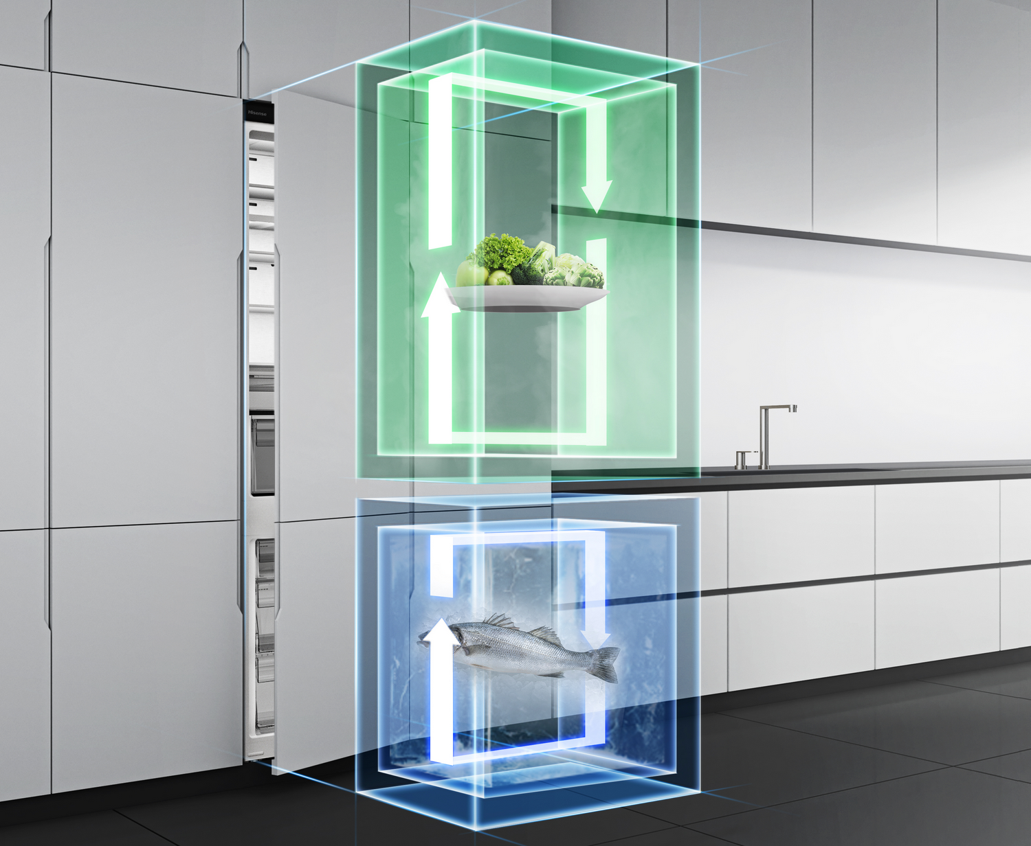 Refrigerador con dos zonas: verduras arriba (verde), pescado abajo (azul).