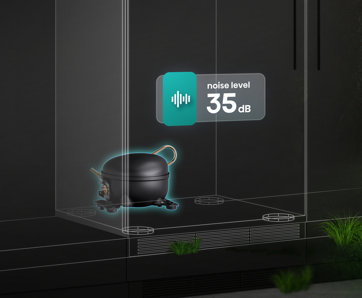 Un compresor negro con un nivel de ruido de 35 dB en una carcasa moderna.