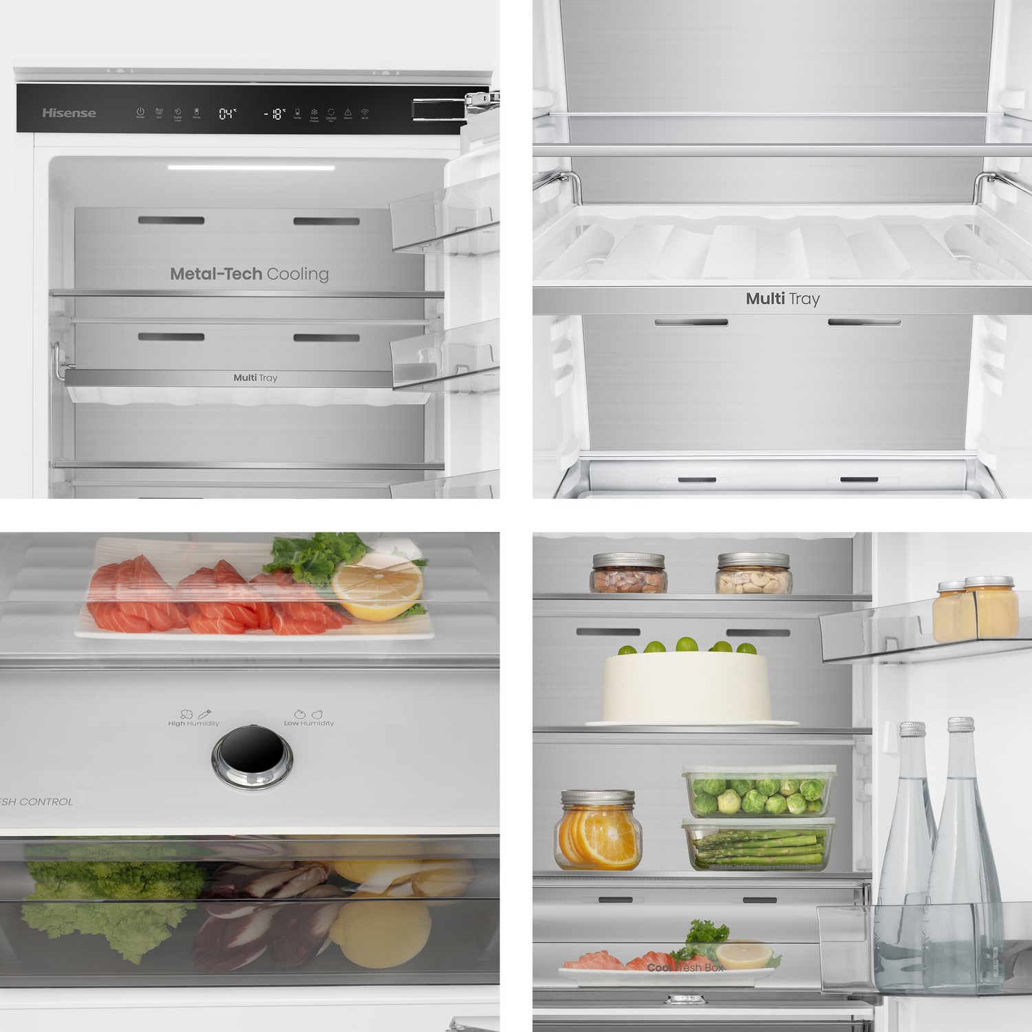 Interior de refrigerador con estantes, comida y panel de control.