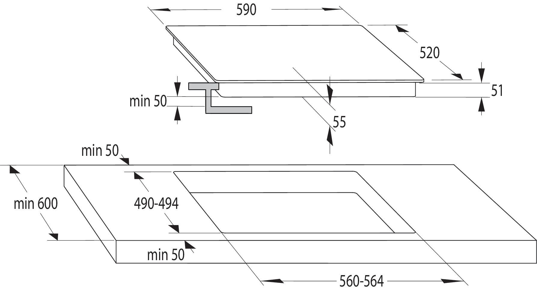 Dibujo técnico de una placa de cocina con dimensiones y medidas de instalación.