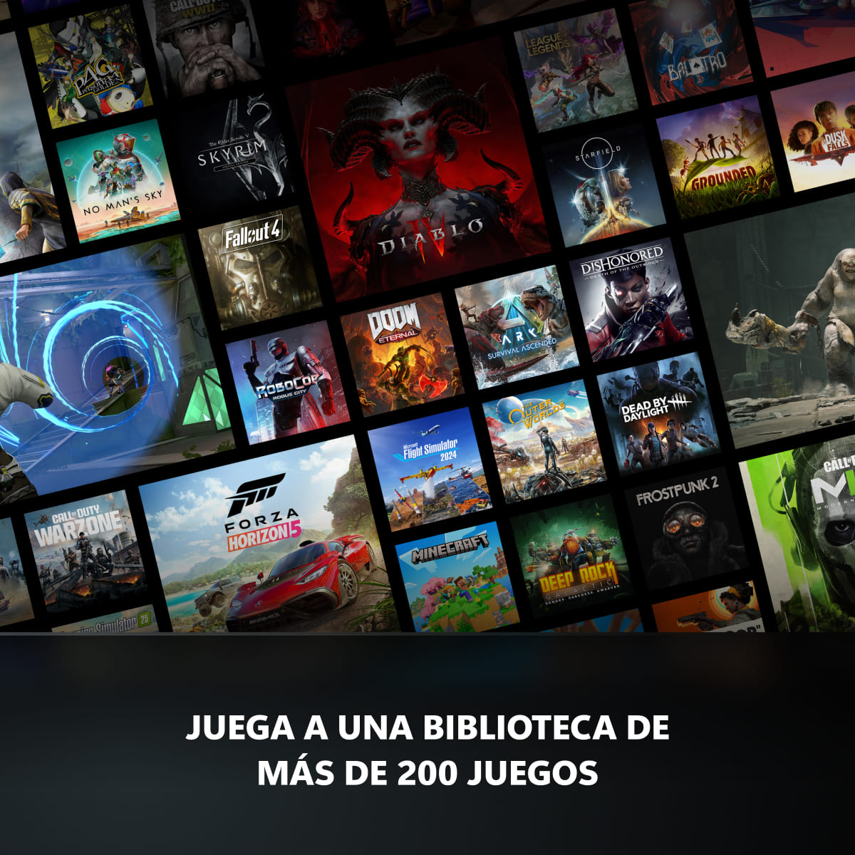 Mosaico de portadas de más de 200 videojuegos de Xbox Game Pass sobre fondo oscuro, con texto: Juega a una biblioteca de más de 200 juegos.