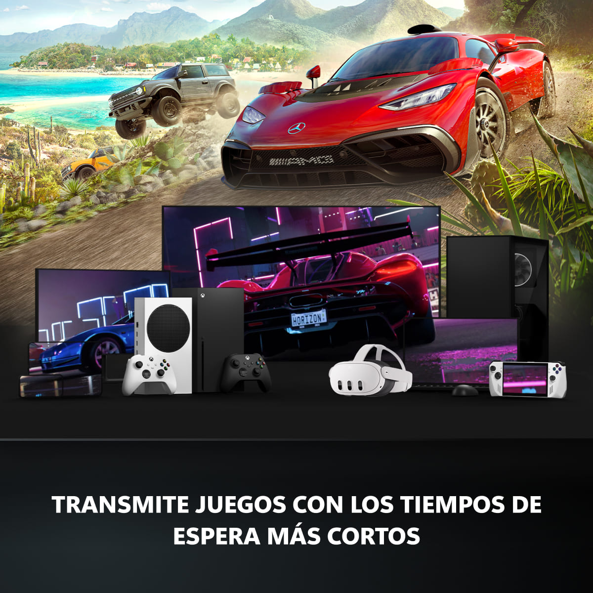 Diferentes dispositivos como consolas Xbox, ordenador, consola portátil, TV... Texto: Transmite juegos con los tiempos de espera más cortos.