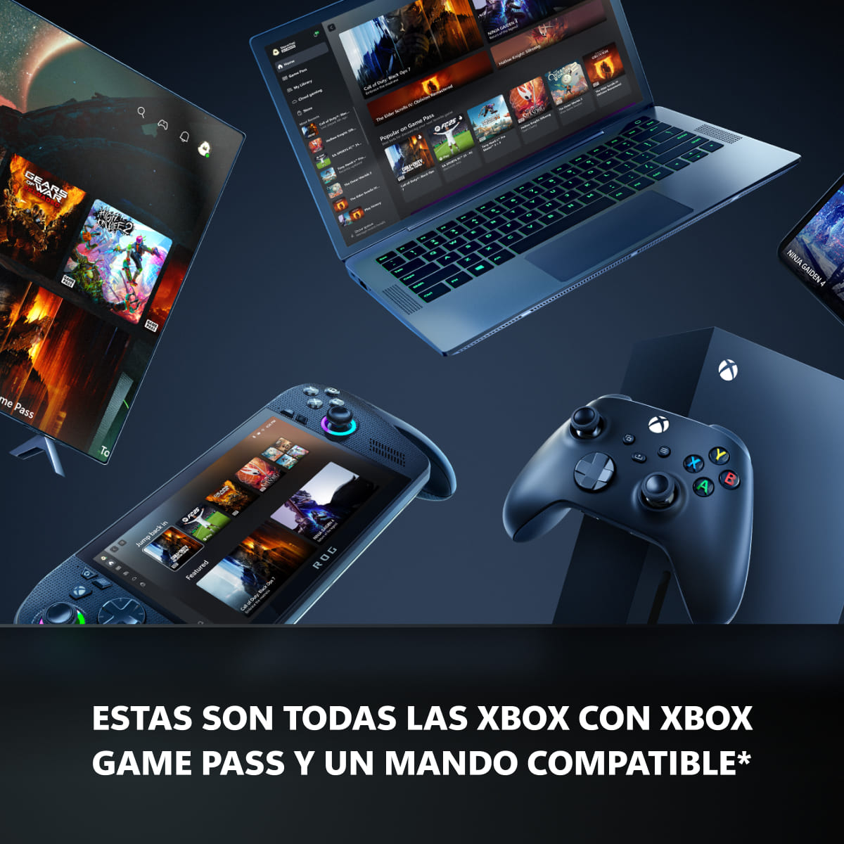 Xbox Series X, portátil, mando, consola portátil y TV mostrando juegos. Texto: Estas son todas las Xbox con Xbox Game Pass y mando compatible.