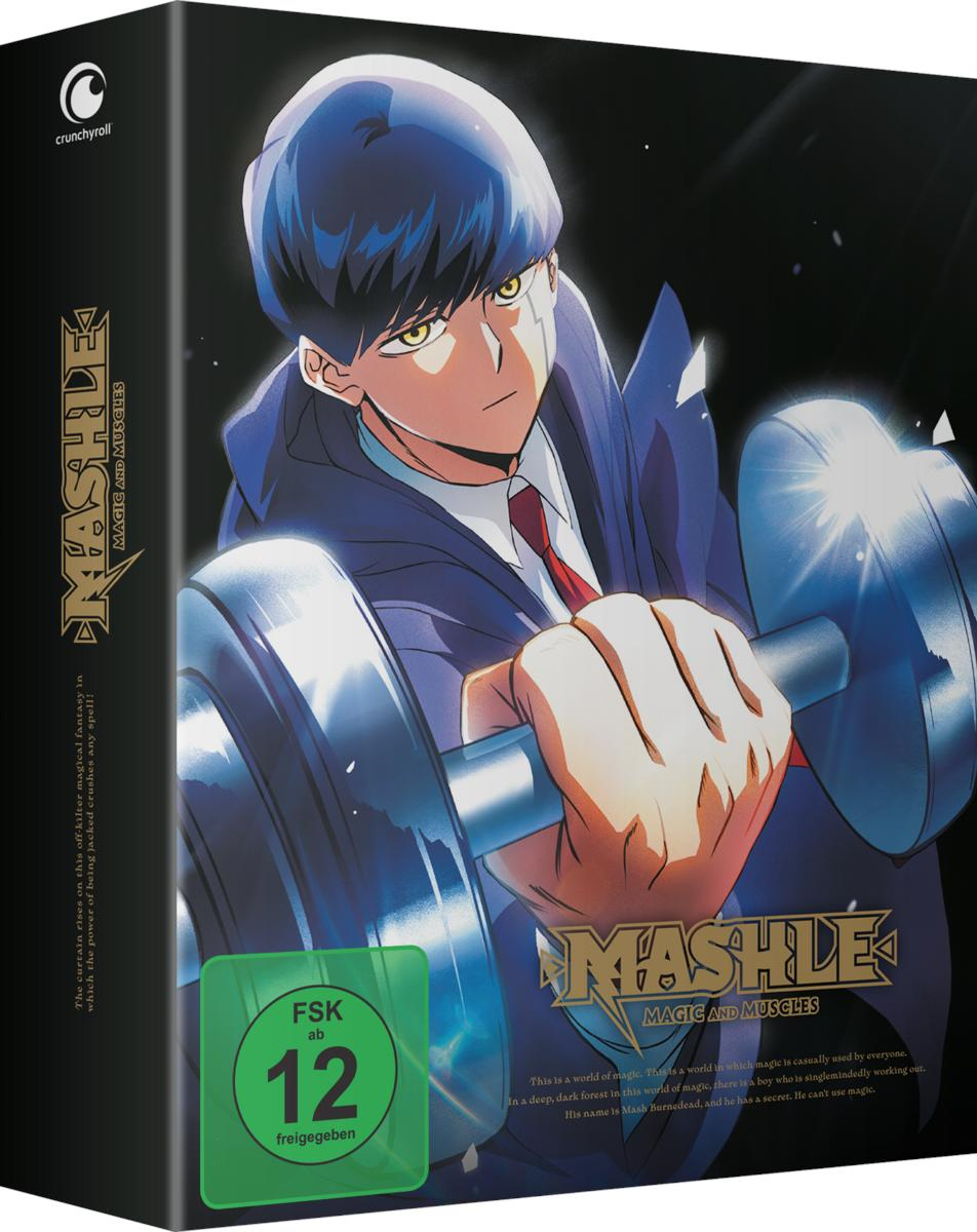 Ein Anime-Charakter mit blauen Haaren hebt eine Hantel. FSK 12.