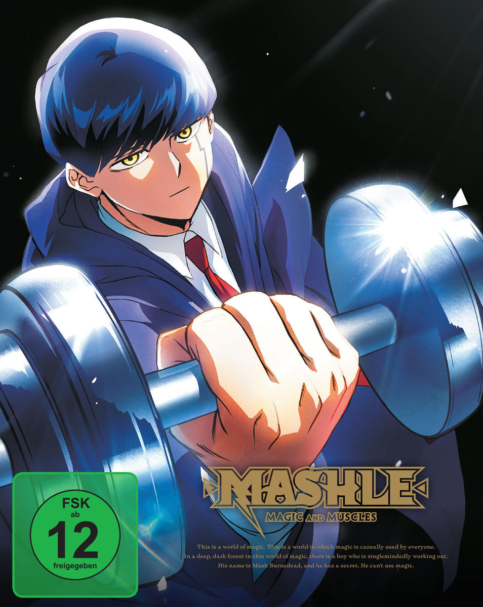 Ein Anime-Charakter mit blauen Haaren hebt eine Hantel, der Titel 