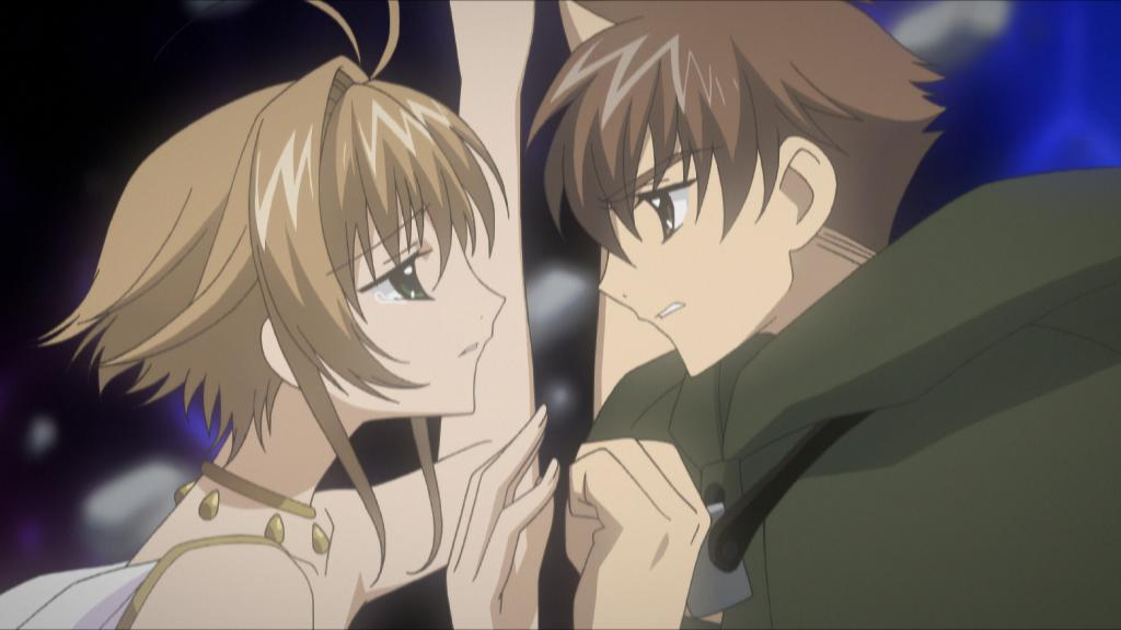 Ein Anime-Mädchen weint, während ein Anime-Junge sie ansieht. Dunkler Hintergrund.