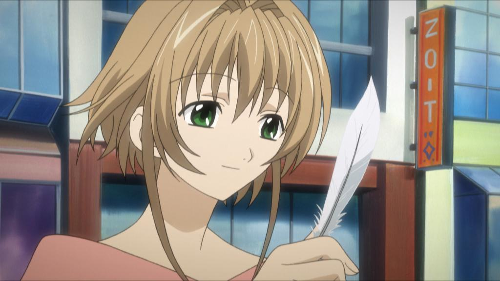 Ein Anime-Mädchen mit braunen Haaren und grünen Augen hält eine weiße Feder.